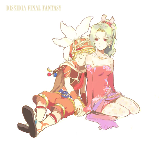 zbura, onion knight, tina branford, dissidia final fantasy, final fantasy, final fantasy iii, final fantasy vi, 1990s (style), couple, elbow gloves, gloves, green hair, head on another's shoulder, helmet, pantyhose, ponytail, sitting, sleeping