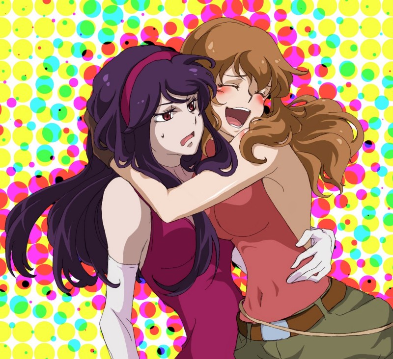 aucie, christina sierra, tieria erde, gundam, gundam 00, 00s, 1girl, androgynous, brown hair, crossdressing, crossdressing (ftm), gloves, happy, hug, long hair, purple hair, sweatdrop, trap