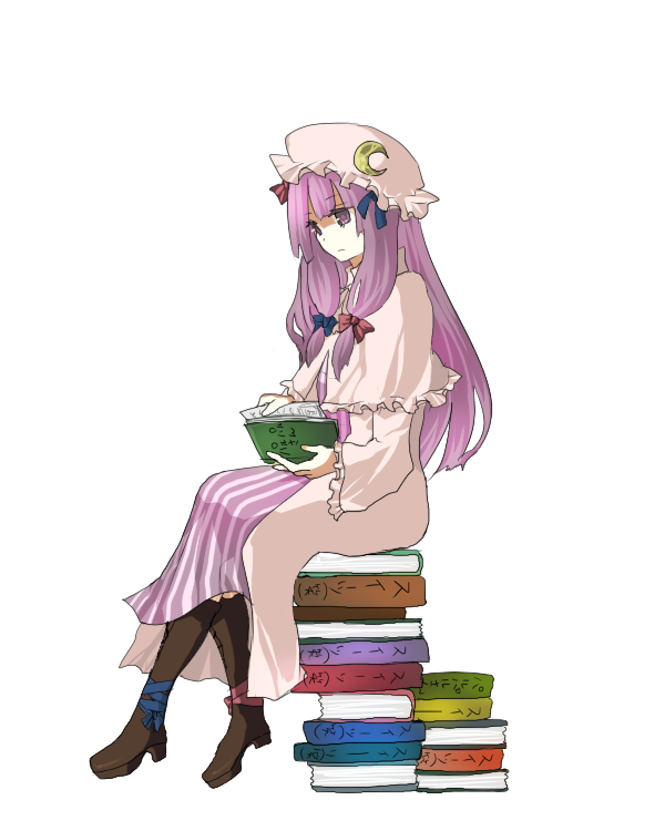 kame, patchouli knowledge, touhou, bad id, bad pixiv id, 1girl, book, crescent hat ornament, female focus, hat, hat ornament, long hair, open book, pile of books, purple eyes, purple hair, reading, ribbon, sitting, sitting on object, solo