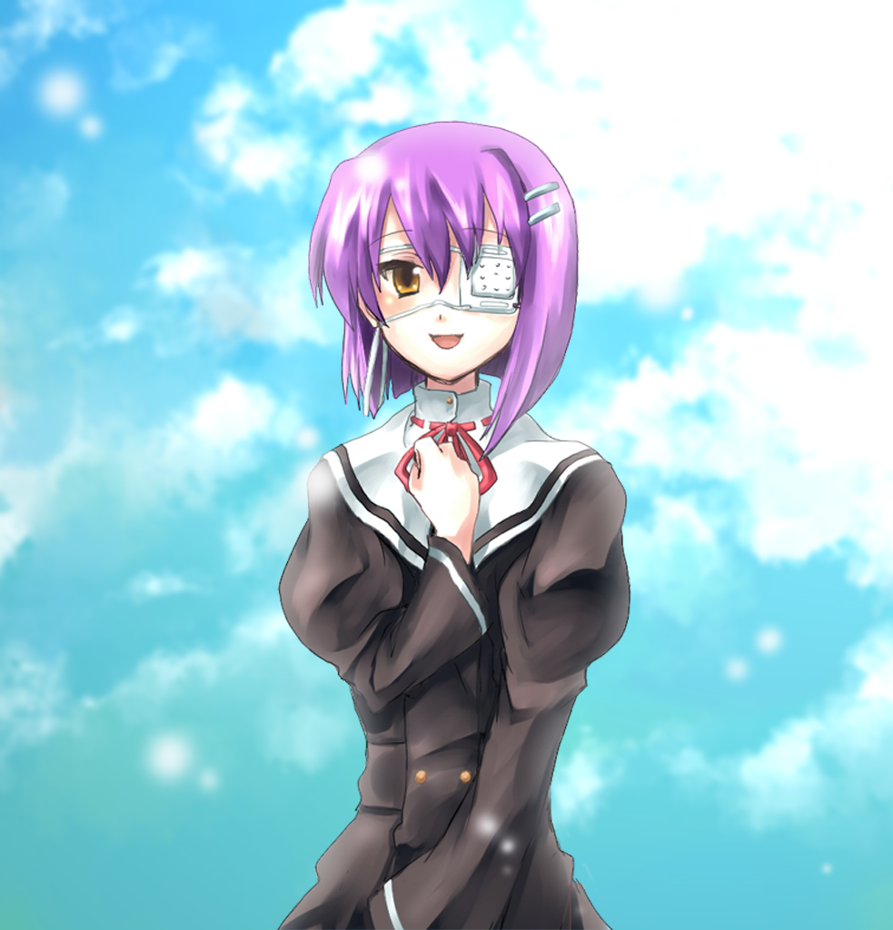 enari, shindou chihiro, ef (visual novel), bad id, bad pixiv id, 00s, eyepatch, purple hair, school uniform, short hair, sky, solo, yellow eyes