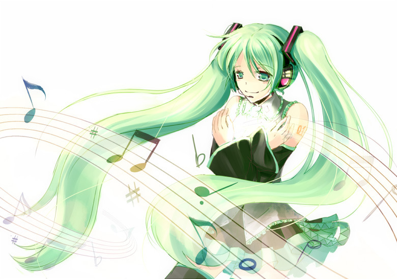 aoi (pixiv13959), toono aoi, hatsune miku, vocaloid, bad id, bad pixiv id, 1girl, detached sleeves, female focus, green eyes, green hair, long hair, matching hair/eyes, musical note, musical staff, skirt, solo, thighhighs, twintails