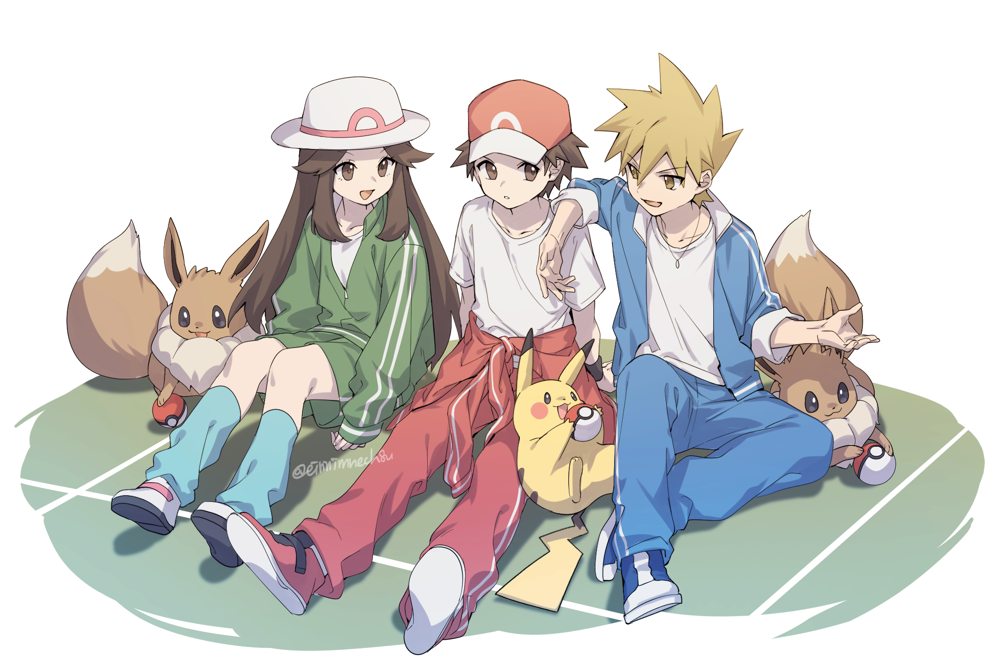 88 (einnimnech), blue oak, eevee, leaf (pokemon), pikachu, red (pokemon), nintendo, pokemon, pokemon frlg, highres, 1girl, 2boys, baseball cap, blue jacket, blue pants, blue socks, breasts, brown eyes, brown fur, brown hair, closed mouth, clothes around waist, collarbone, gen 1 pokemon, green jacket, green shorts, gym shirt, gym uniform, hat, jacket, jacket around waist, jewelry, long hair, long sleeves, loose socks, multiple boys, necklace, open clothes, open jacket, open mouth, pants, poke ball, poke ball (basic), pokemon (creature), red jacket, red pants, shirt, shoes, short hair, short sleeves, shorts, sitting, smile, socks, spiked hair, track pants, track suit, white hat, white shirt