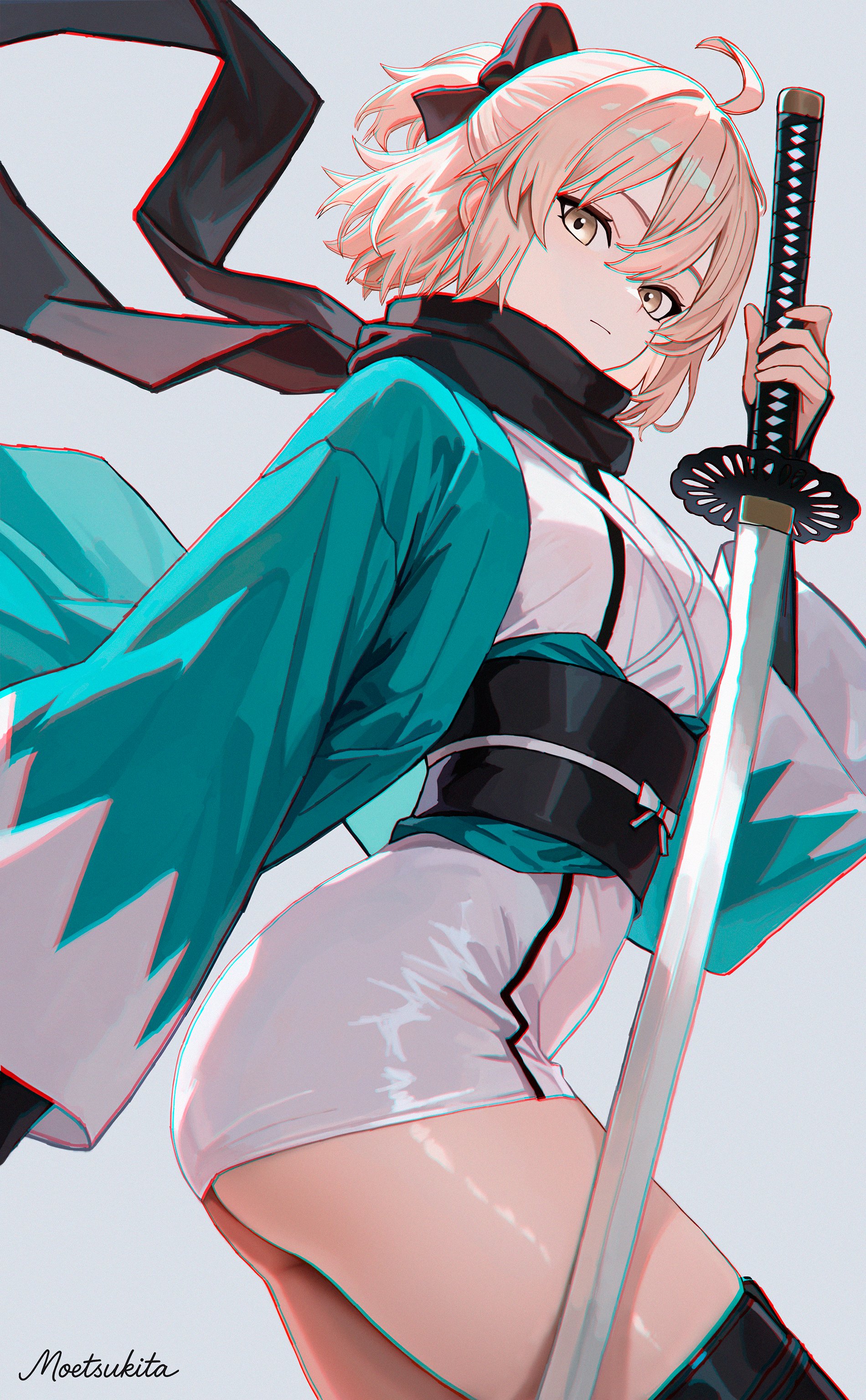 moetsukita, okita souji (fate), fate/grand order, fate (series), absurdres, ai-assisted, highres, 1girl, belt, black belt, blonde hair, hair between eyes, hair ornament, katana, looking at viewer, pale skin, scarf, sword, weapon, yellow eyes