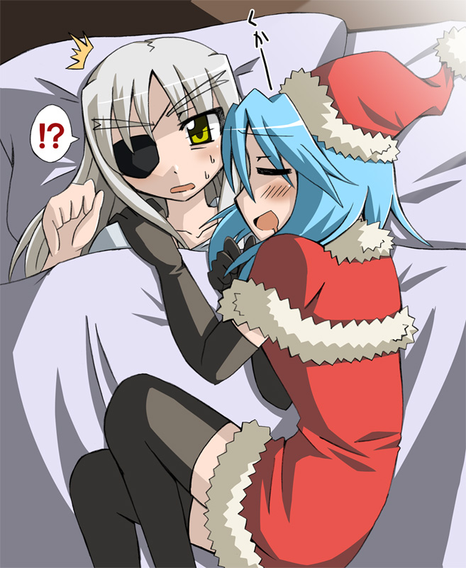 tsukishima makoto, cinque (nanoha), numbers (nanoha), sein (nanoha), lyrical nanoha, mahou shoujo lyrical nanoha, mahou shoujo lyrical nanoha strikers, !?, 00s, 2girls, bed, blue hair, capelet, eyepatch, hat, multiple girls, pajamas, santa costume, santa hat, speech bubble, thighhighs, yellow eyes