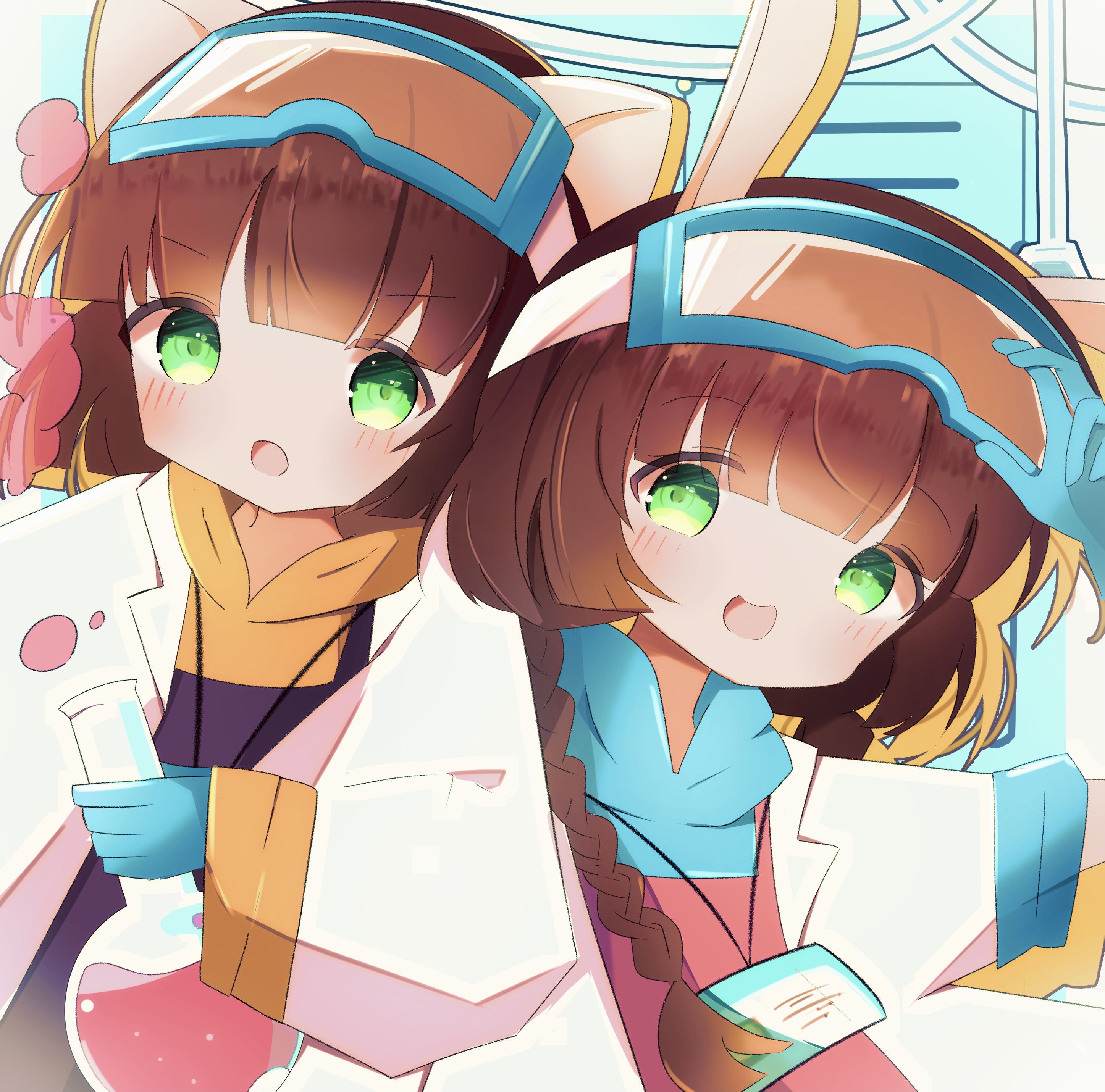 vonvondx, mimi (pop'n music), nyami (pop'n music), bemani, pop'n music, absurdres, commentary request, highres, 2girls, animal ears, apron, blue gloves, blunt bangs, blush, bottle, braid, brown hair, cat ears, cat girl, coat, gloves, goggles, goggles on head, green eyes, holding, holding bottle, hood, hood down, humanization, lab coat, lanyard, long hair, low twin braids, multiple girls, official alternate costume, open clothes, open coat, pop'n music unilab, rabbit ears, rabbit girl, twin braids, upper body