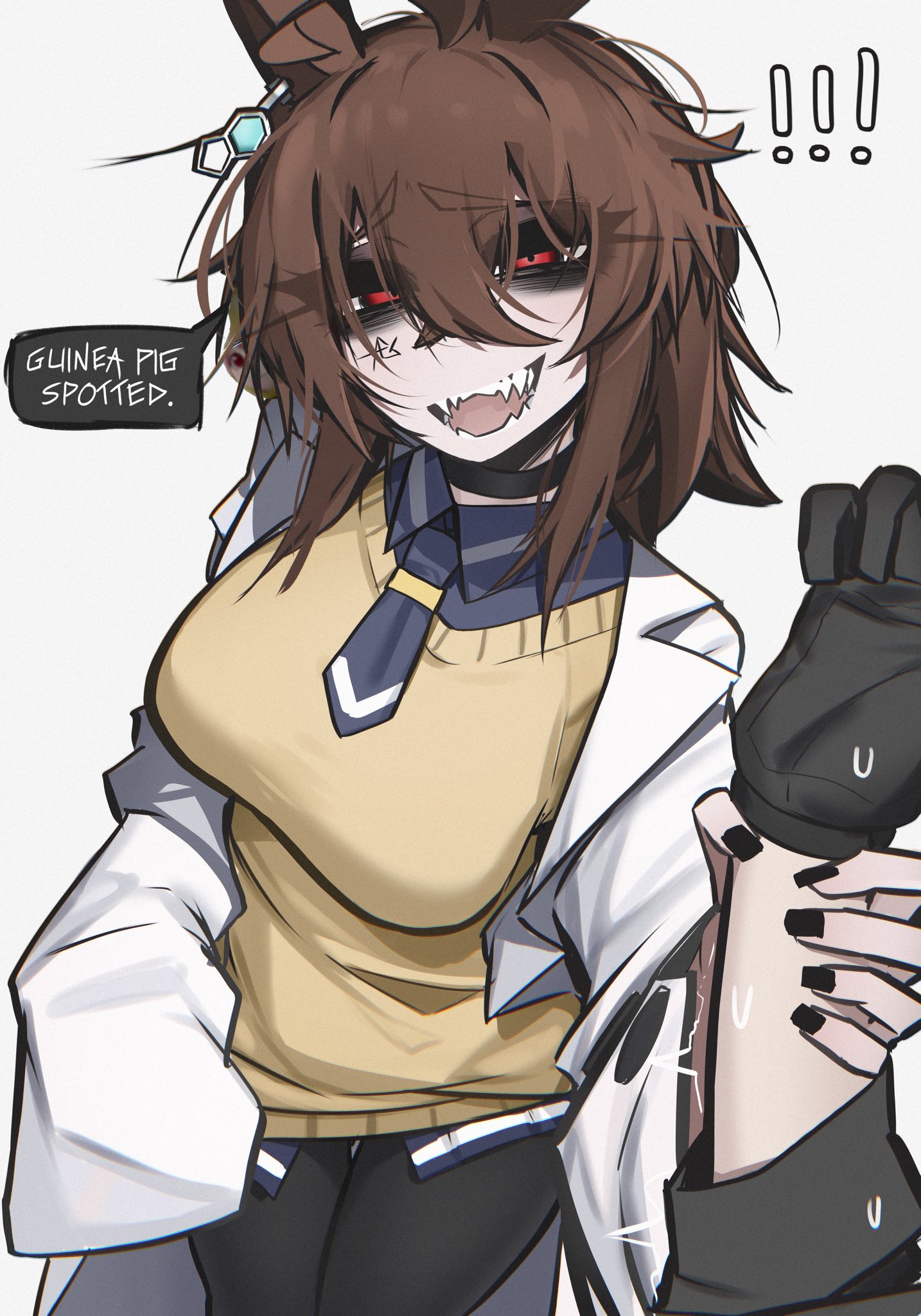 ace glitch, agnes tachyon (tach-nology) (umamusume), agnes tachyon (umamusume), umamusume, highres, !, !!, 1girl, 1other, ahoge, animal ears, ascot, black eyeshadow, black nails, black pantyhose, breasts, brown eyes, brown hair, coat, collared shirt, crossed bangs, english text, eyeshadow, green sweater, hair between eyes, holding another's wrist, horse ears, horse girl, lab coat, lapels, looking at viewer, makeup, medium breasts, medium hair, notched lapels, open clothes, open coat, open mouth, pantyhose, pov, purple ascot, purple shirt, sharp teeth, shirt, sleeves past fingers, sleeves past wrists, speech bubble, sweat, sweater, teeth, trembling, white background