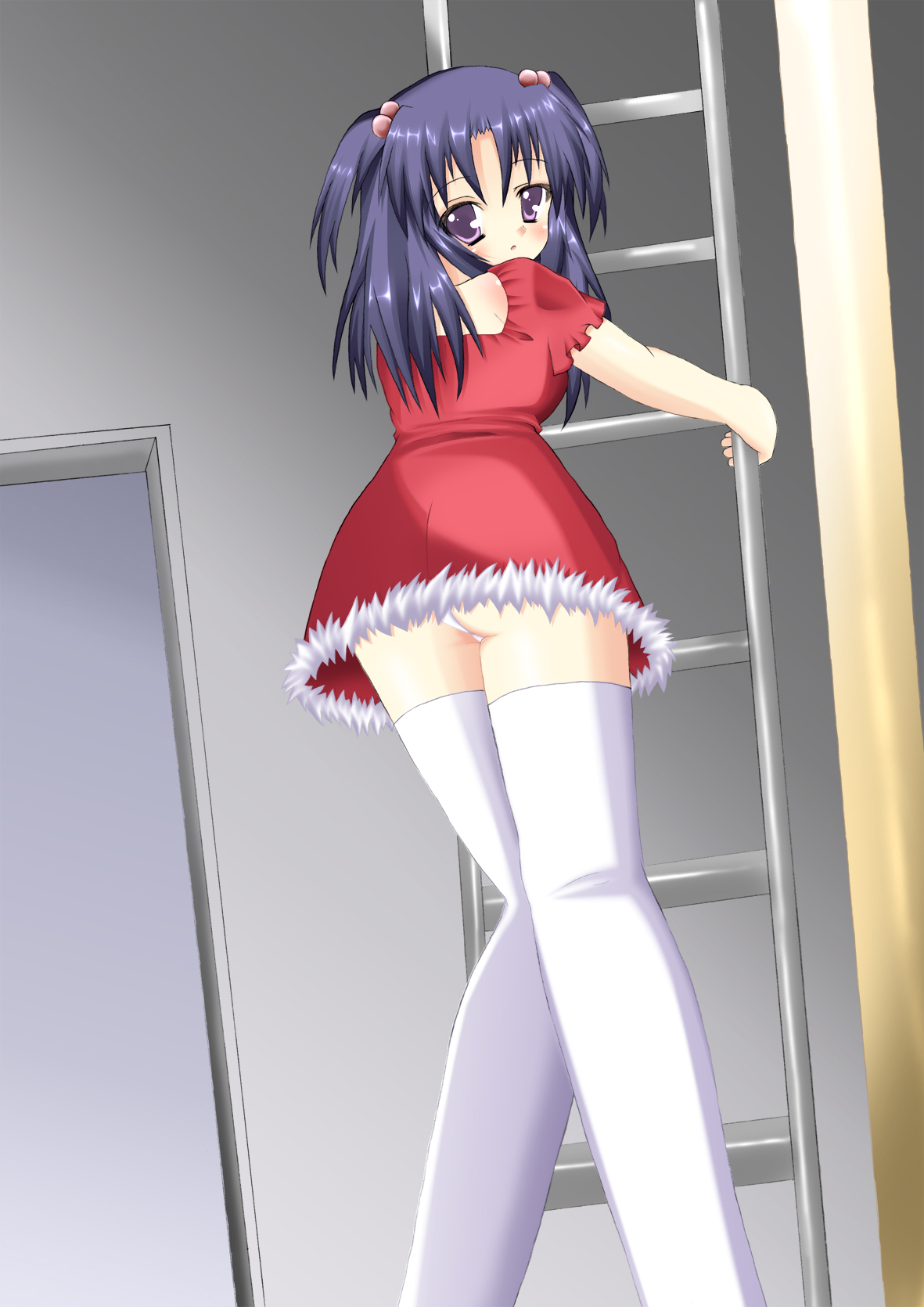 yumiya yuuto, ichinose kotomi, clannad, bad id, bad pixiv id, highres, 00s, blue hair, christmas, ladder, long hair, panties, purple eyes, skirt, solo, standing, thighhighs, thong, underwear, upskirt