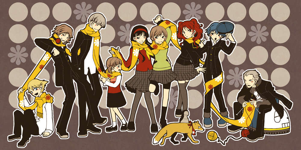 gengendou, amagi yukiko, doujima nanako, hanamura yousuke, kujikawa rise, kuma (persona 4), narukami yu, satonaka chie, shirogane naoto, tatsumi kanji, atlus, persona, persona 4, 4boys, 5girls, fox, hat, multiple boys, multiple girls, newsboy cap, scarf, shared clothes, shared scarf, unworn hat, unworn headwear, yarn, yarn ball