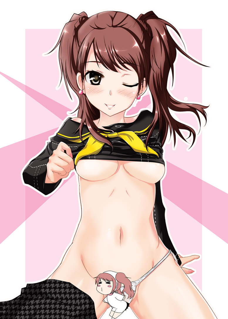 ichinose yuu, kujikawa rise, atlus, persona, persona 4, bad id, bad pixiv id, 1girl, blush, breasts, brown hair, censored, clothes lift, convenient censoring, female focus, midriff, novelty censor, one eye closed, panties, panties around leg, shirt lift, smile, solo, twintails, underboob, underwear, white panties, wink