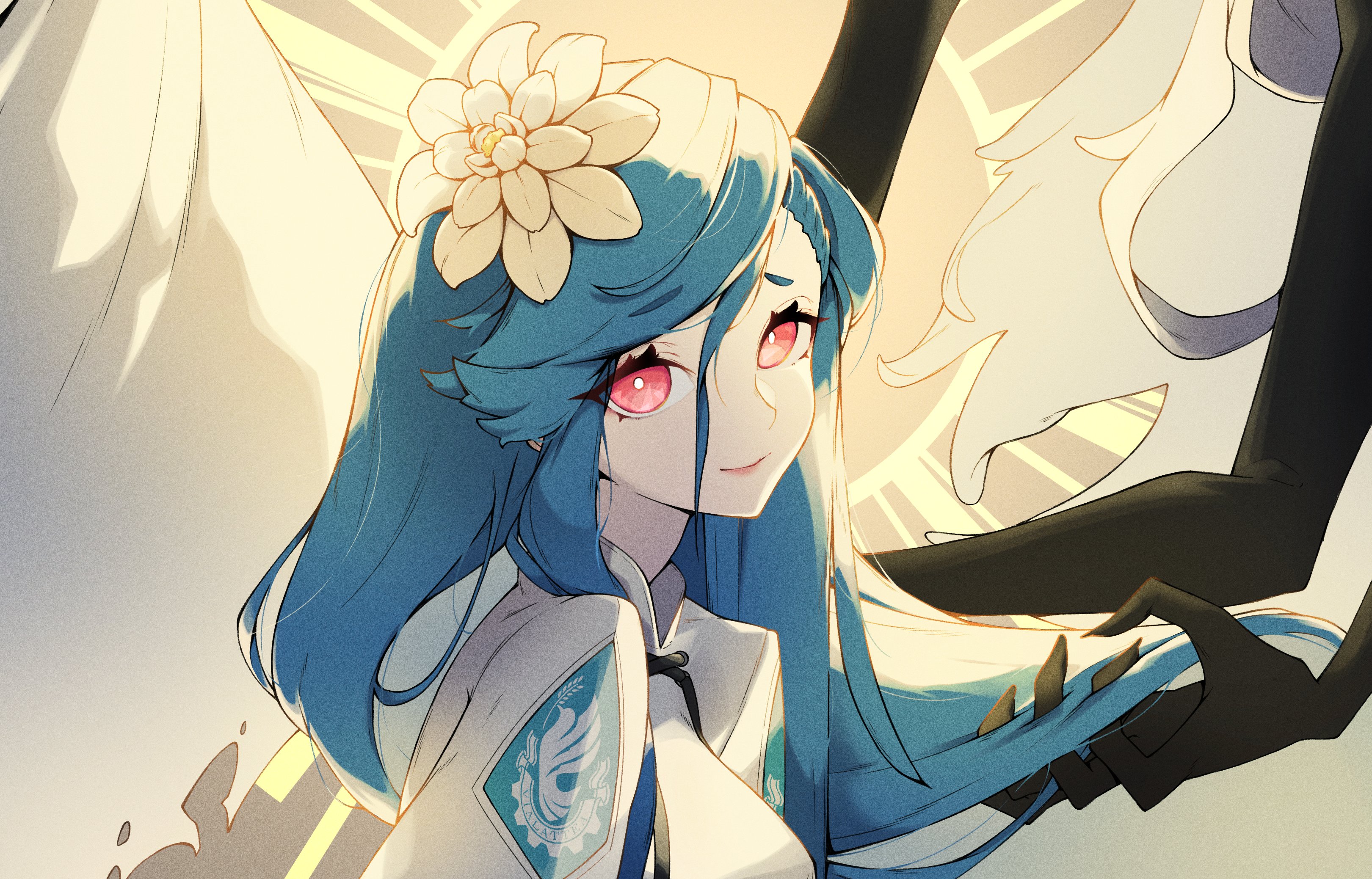 kwang (nakwangg), dizzy (guilty gear), queen dizzy, guilty gear, guilty gear strive, absurdres, commentary, english commentary, highres, 1girl, eclipse, eyelashes, flower, from side, hair between eyes, hair flower, hair ornament, hand in another's hair, lips, long hair, looking at viewer, shaded face, sidelocks, solo, sun, sunlight, swept bangs, upper body