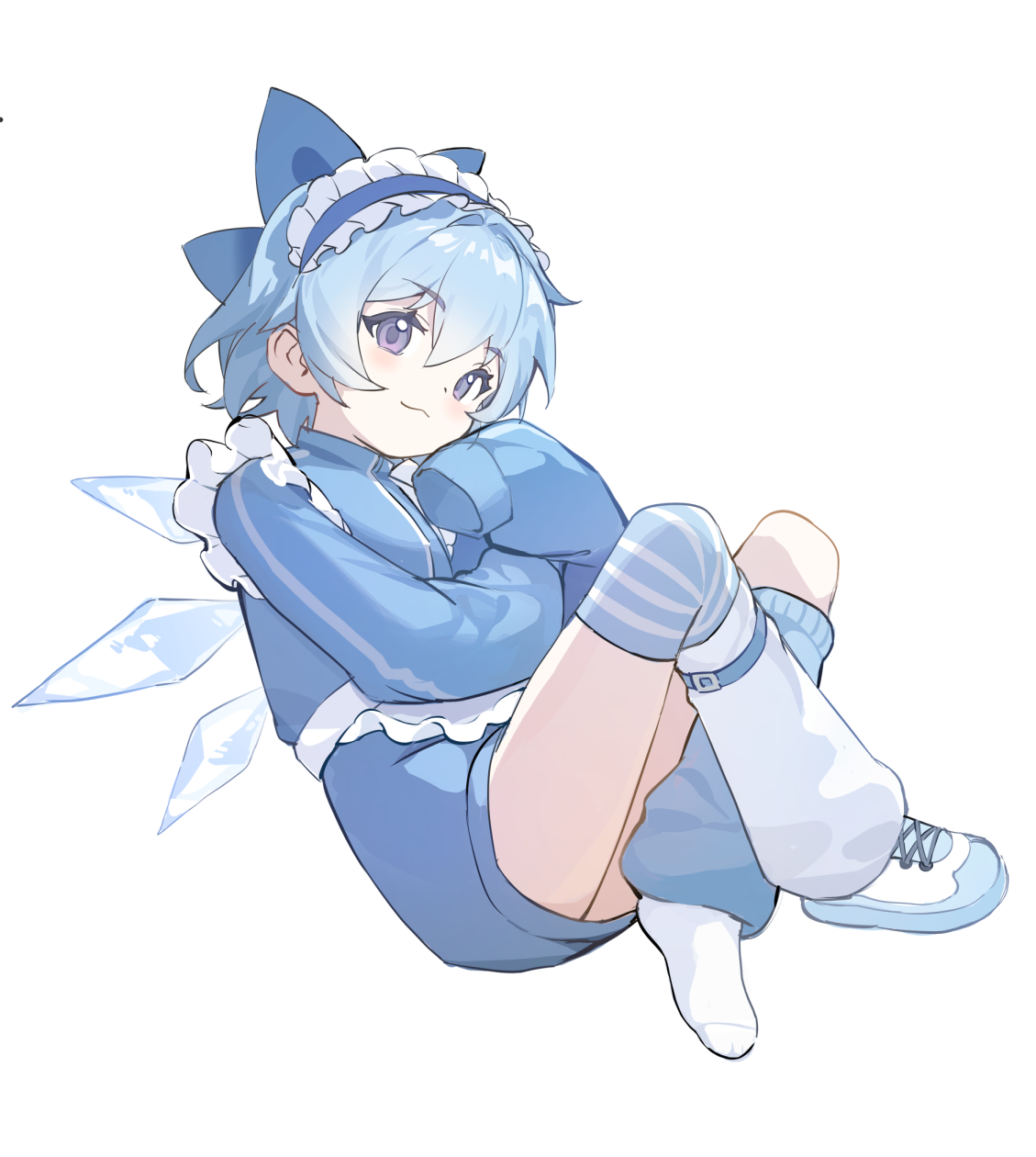siyumu, cirno, touhou, highres, 1girl, apron, blue bow, blue eyes, blue hair, blue jacket, blue skirt, bow, frilled hairband, frills, hair bow, hairband, ice, ice wings, jacket, jersey maid, leg warmers, looking at viewer, maid, maid apron, short hair, simple background, skirt, smile, solo, tenshi kaiwai, track jacket, unconventional maid, white background, wings