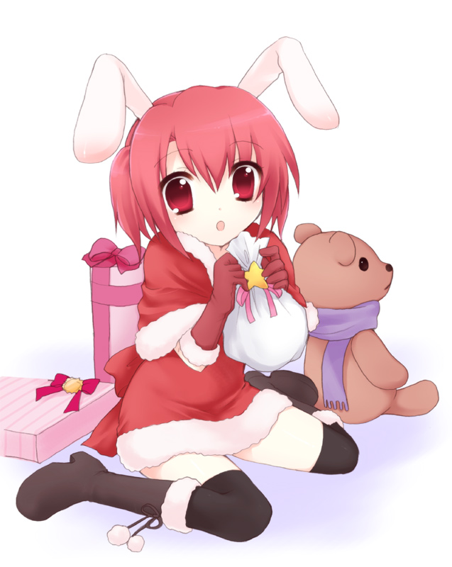 usashiro mani, original, bad id, bad pixiv id, animal ears, black thighhighs, boots, brown boots, full body, gift, kneeling, rabbit ears, red eyes, red hair, santa costume, short hair, sitting, solo, stuffed animal, stuffed toy, teddy bear, thighhighs, zettai ryouiki