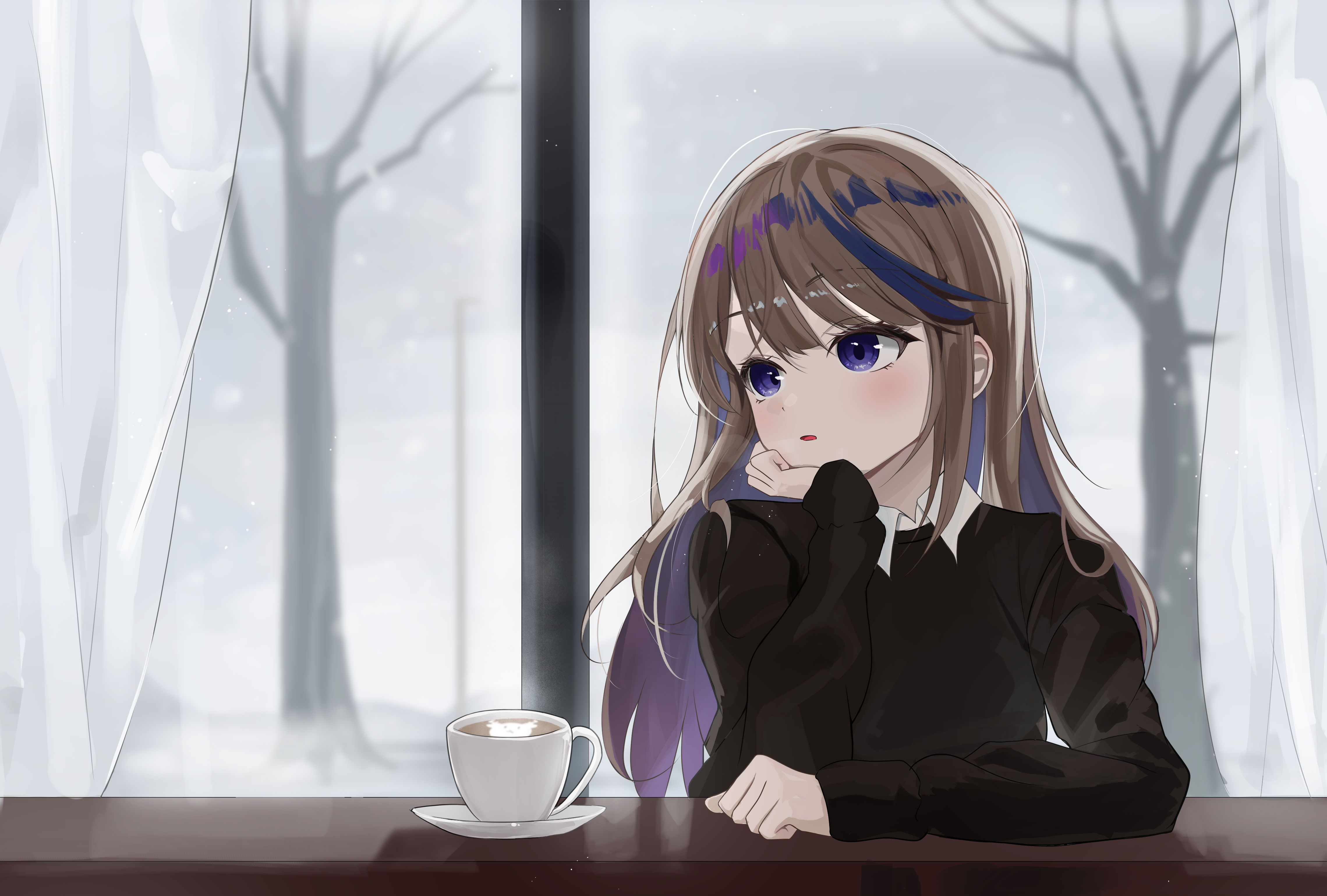 tsuyu (yzxx7825), airi kanna, stellive, absurdres, commentary request, highres, korean commentary, 1girl, bare tree, black sweater, blue eyes, blurry, blurry background, brown hair, counter, cup, curtains, day, indoors, long hair, long sleeves, multicolored hair, parted lips, plate, sidelocks, solo, straight hair, streaked hair, sweater, teacup, tree, virtual youtuber, window, wing collar, winter