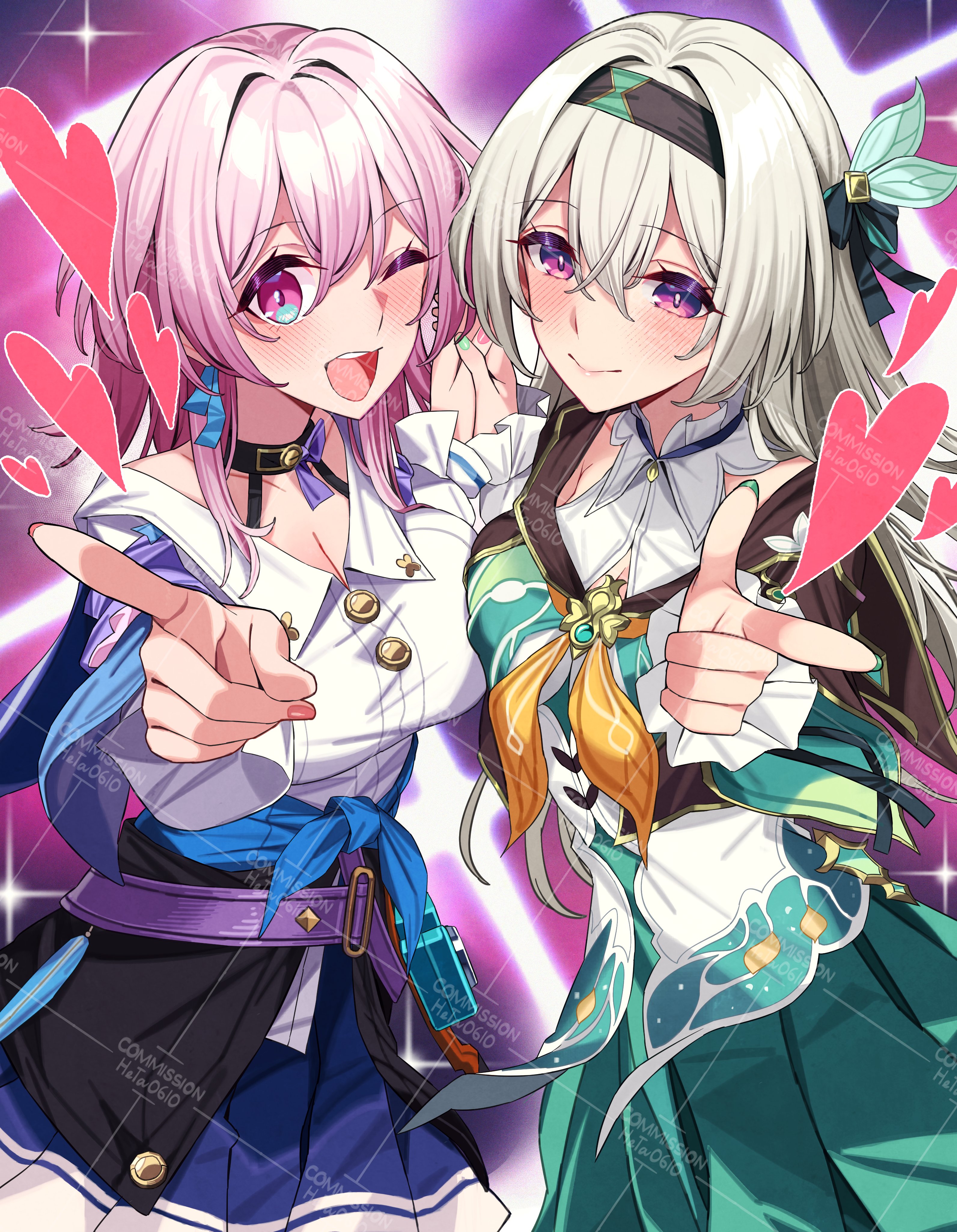 heta, firefly (honkai: star rail), march 7th (honkai: star rail), march 7th (preservation) (honkai: star rail), honkai: star rail, honkai (series), absurdres, commentary, commission, english commentary, highres, 2girls, black choker, black hairband, blue eyes, blue jacket, breast press, breasts, choker, closed mouth, cowboy shot, earrings, finger gun, gloves, green nails, grey hair, hair between eyes, hair intakes, hair ornament, hairband, heart, holding hands, jacket, jewelry, long hair, long sleeves, looking at viewer, medium hair, multicolored eyes, multiple girls, one eye closed, open mouth, pink eyes, pink hair, pink nails, pointing, pointing at viewer, purple eyes, shirt, skirt, smile, twitter username, two-tone eyes, white shirt