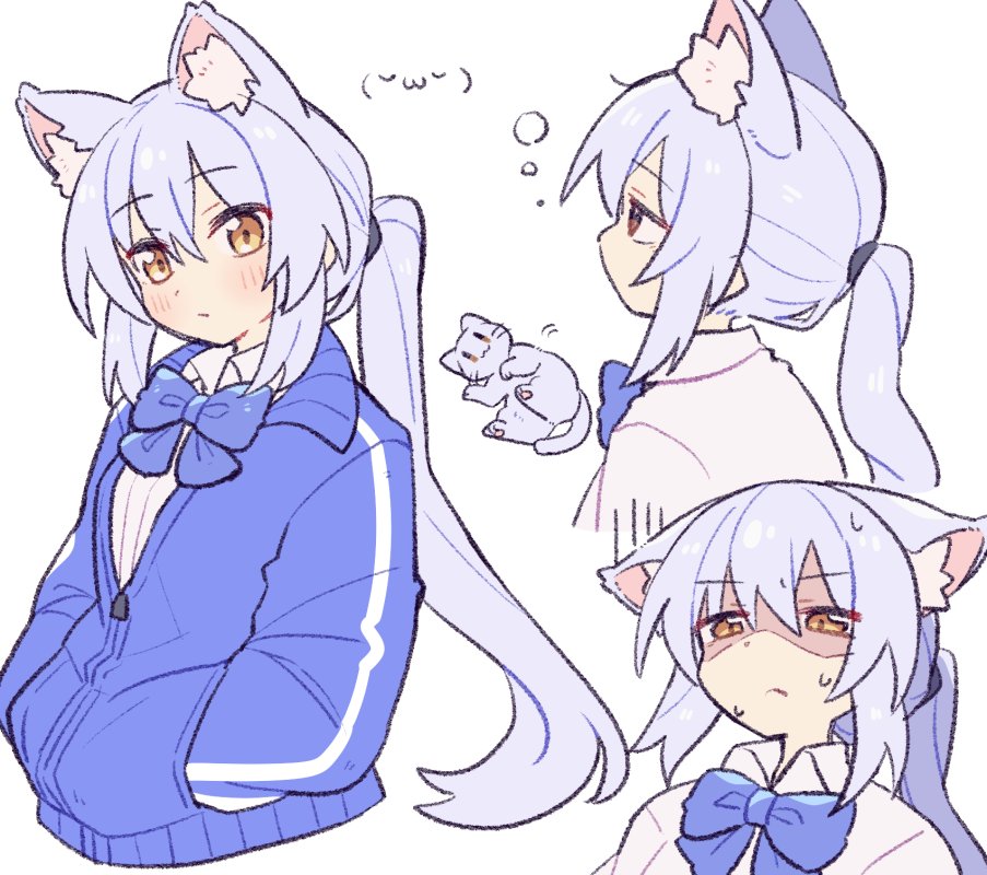 suzuno (suzuno3110), original, 1girl, animal ear fluff, animal ears, blue bow, blue bowtie, blue hair, blue jacket, blush, bow, bowtie, cat, cat ears, cat girl, closed mouth, collared shirt, cropped torso, jacket, long hair, long sleeves, looking at viewer, multiple views, pointy ears, school uniform, shirt, simple background, white background, white hair
