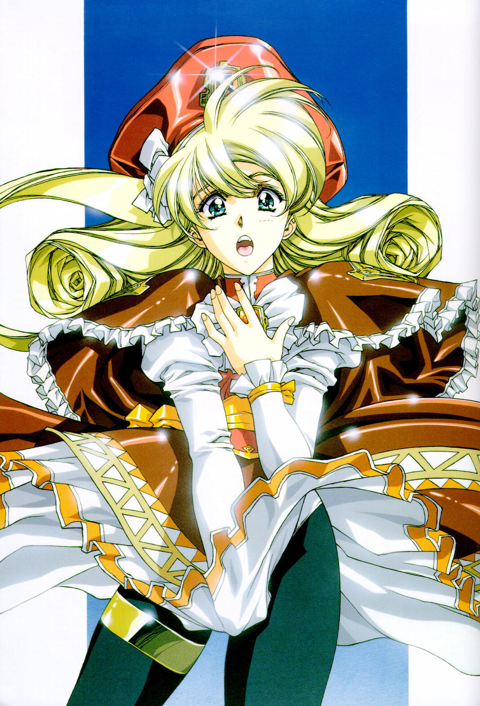 urushihara satoshi, rachel (langrisser), langrisser, langrisser 4, langrisser iv, highres, official art, 1990s (style), 1girl, :o, black pantyhose, blonde hair, blue eyes, blush, bow, brooch, capelet, clothes lift, covering crotch, covering privates, cowboy shot, dress, dress lift, drill hair, female focus, frills, gem, glint, gloves, gradient background, hair bow, hairband, hand on own chest, hat, jewelry, leggings, long hair, looking at viewer, open mouth, panties, panties over pantyhose, pantyhose, pantyshot, puffy sleeves, retro artstyle, ribbon, sash, shiny clothes, side ponytail, solo, spandex, standing, surprised, tricorne, turtleneck, twin drills, underwear, white panties, wind, wind lift, wrist ribbon