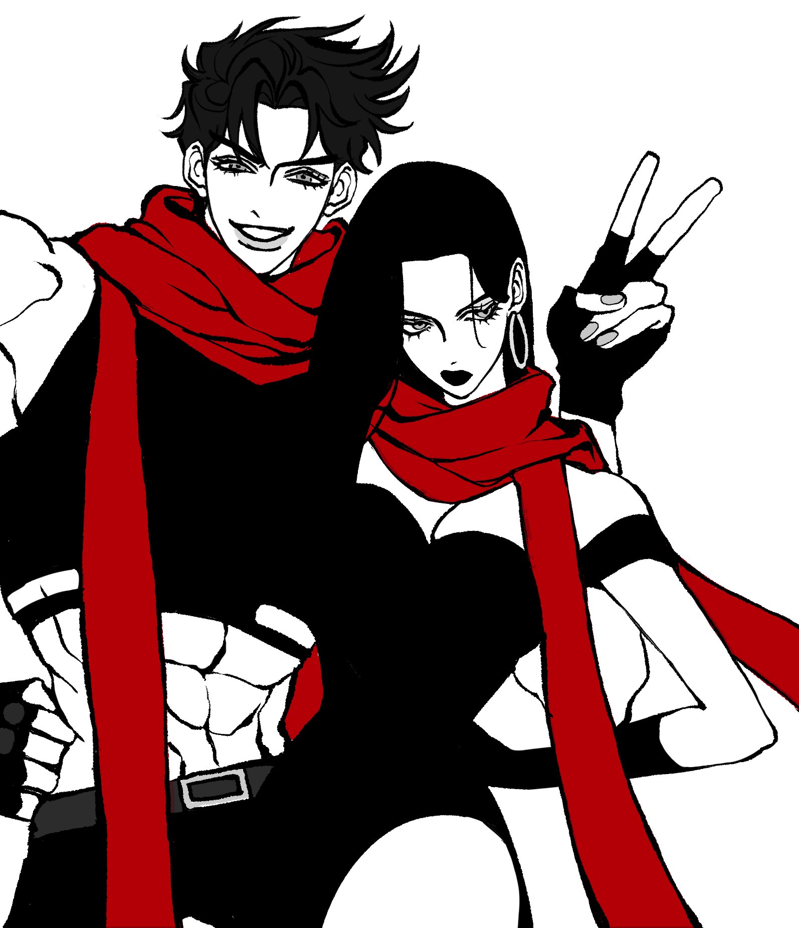clamchowder55, joseph joestar, joseph joestar (young), lisa lisa, battle tendency, jojo no kimyou na bouken, commentary request, highres, korean commentary, 1boy, 1girl, abs, bare shoulders, belt, black dress, black hair, breasts, cleavage, crop top, dress, earrings, fingerless gloves, gloves, grey belt, hoop earrings, jewelry, limited palette, long hair, makeup, midriff, monochrome, mother and son, muscular, muscular male, off-shoulder dress, off shoulder, red scarf, scarf, smile, teeth, v