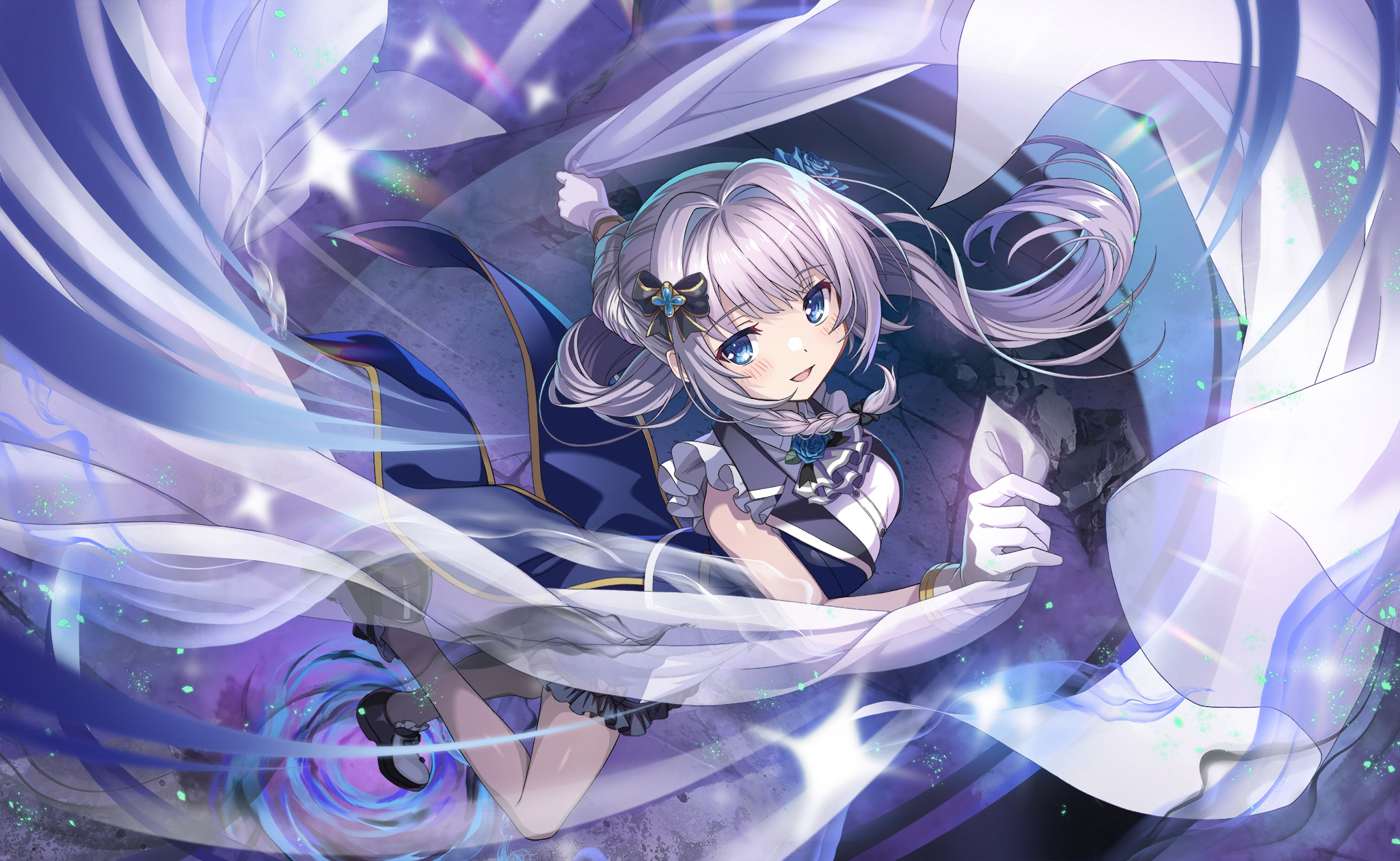 yakumo mitama, magia record: mahou shoujo madoka magica gaiden, mahou shoujo madoka magica, mahou shoujo madoka magica magia exedra, artist request, highres, official art, 1girl, ascot, bare arms, bare legs, bare shoulders, bed sheet, black bow, black shoes, black vest, blue background, blue eyes, blue flower, blue gemstone, blue rose, blue skirt, bow, braid, breasts, brooch, coattails, collared shirt, cross hair ornament, dress shirt, eyelashes, floating clothes, floating hair, flower, flower brooch, frilled shirt, frilled skirt, frilled socks, frills, full body, gem, gloves, grey ascot, grey hair, hair bow, hair bun, hair flower, hair intakes, hair ornament, happy, high heels, holding, holding sheet, jewelry, large breasts, leg up, light particles, long hair, looking at viewer, magical girl, miniskirt, open clothes, open vest, pencil skirt, ponytail, pumps, ripples, rose, shirt, shoes, side braid, sidelocks, single braid, single hair bun, skirt, sleeveless, sleeveless shirt, socks, solo, sparkle, vest, white gloves, white shirt