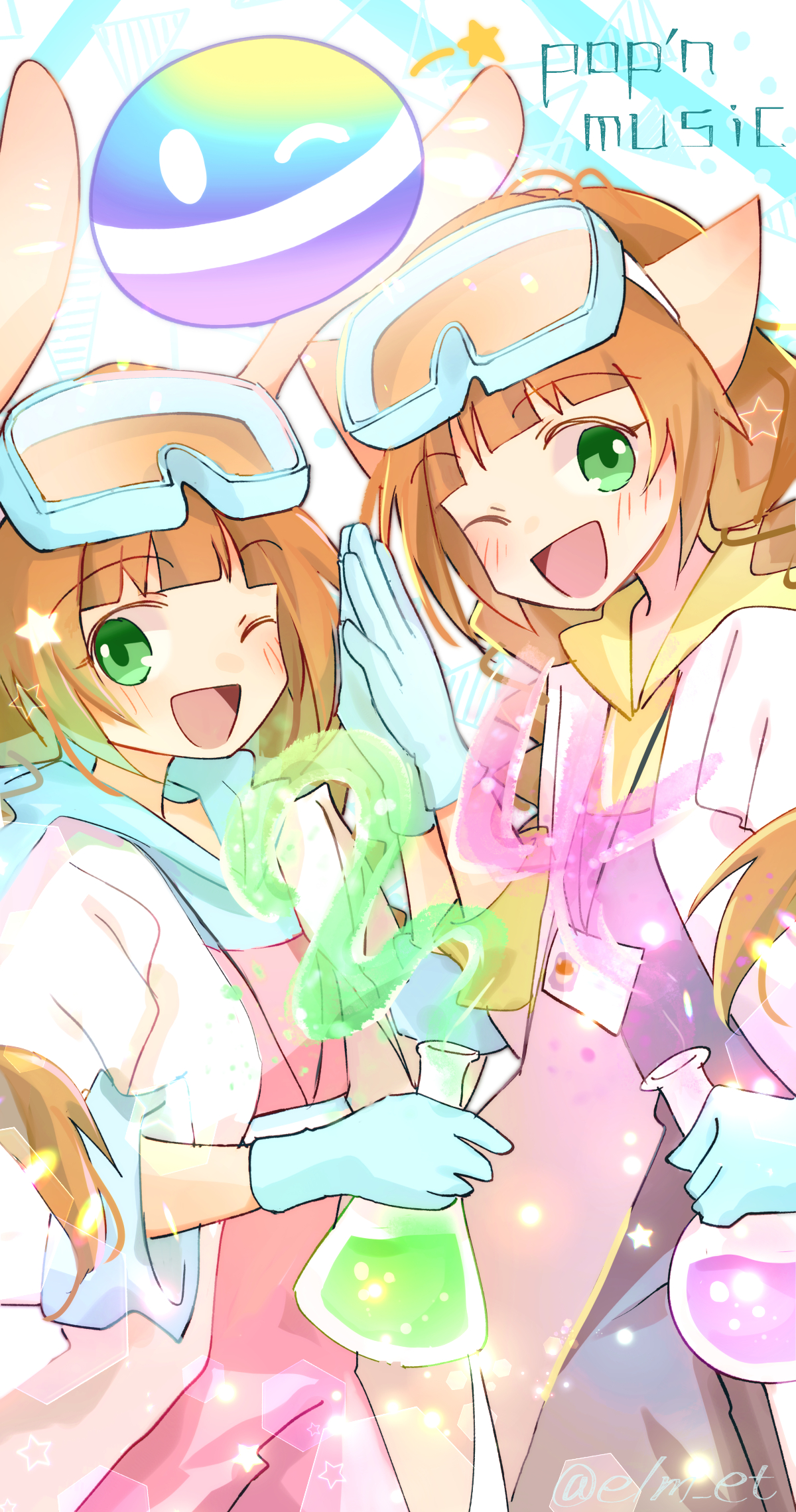 nanashino (7shino gs), mimi (pop'n music), nyami (pop'n music), pop-kun, bemani, pop'n music, commentary request, highres, 2girls, ;d, animal ears, blunt bangs, blush, bottle, braid, brown hair, cat ears, cat girl, copyright name, english text, goggles, goggles on head, green eyes, holding, holding bottle, hood, hood down, humanization, lab coat, lanyard, long hair, low twin braids, multiple girls, official alternate costume, one eye closed, open mouth, pop'n music unilab, potion, rabbit ears, rabbit girl, smile, twin braids, upper body