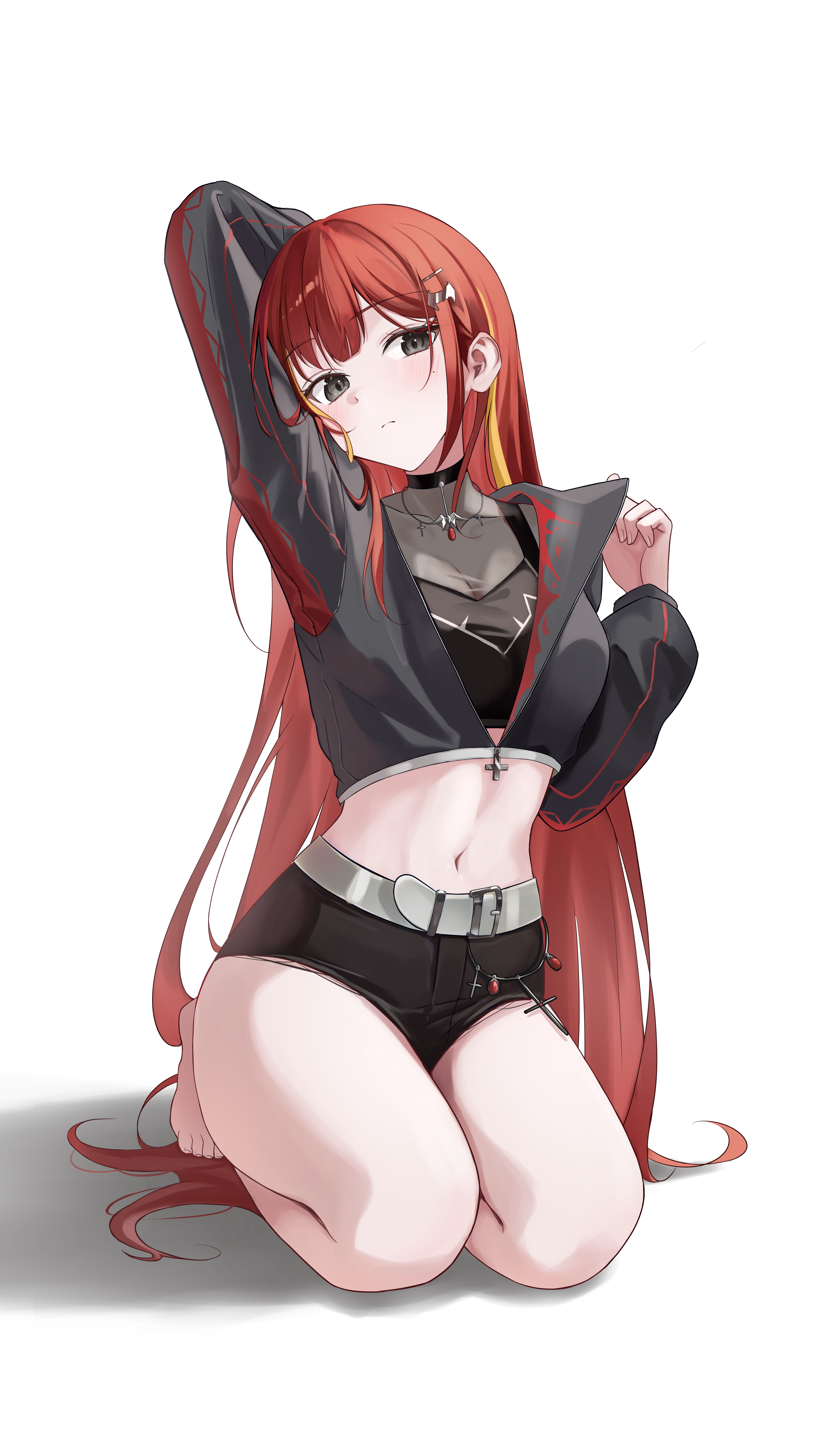 tsuyu (yzxx7825), akane lize, stellive, absurdres, commentary, highres, 1girl, arm up, barefoot, belt, belt buckle, black jacket, black shirt, black shorts, breasts, buckle, closed mouth, cropped jacket, cropped shirt, full body, grey belt, grey eyes, jacket, large breasts, long hair, long sleeves, mole, mole under eye, multicolored hair, navel, parted bangs, partially unzipped, red hair, see-through cleavage, see-through clothes, see-through shirt, seiza, shadow, shirt, short shorts, shorts, simple background, sitting, solo, split mouth, stomach, straight hair, streaked hair, very long hair, virtual youtuber, white background