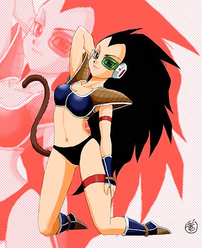 raditz, dragon ball, dragonball z, lowres, non-web source, 1girl, adapted costume, armor, black hair, female focus, genderswap, genderswap (mtf), green-tinted eyewear, long hair, scouter, solo, tail, tinted eyewear