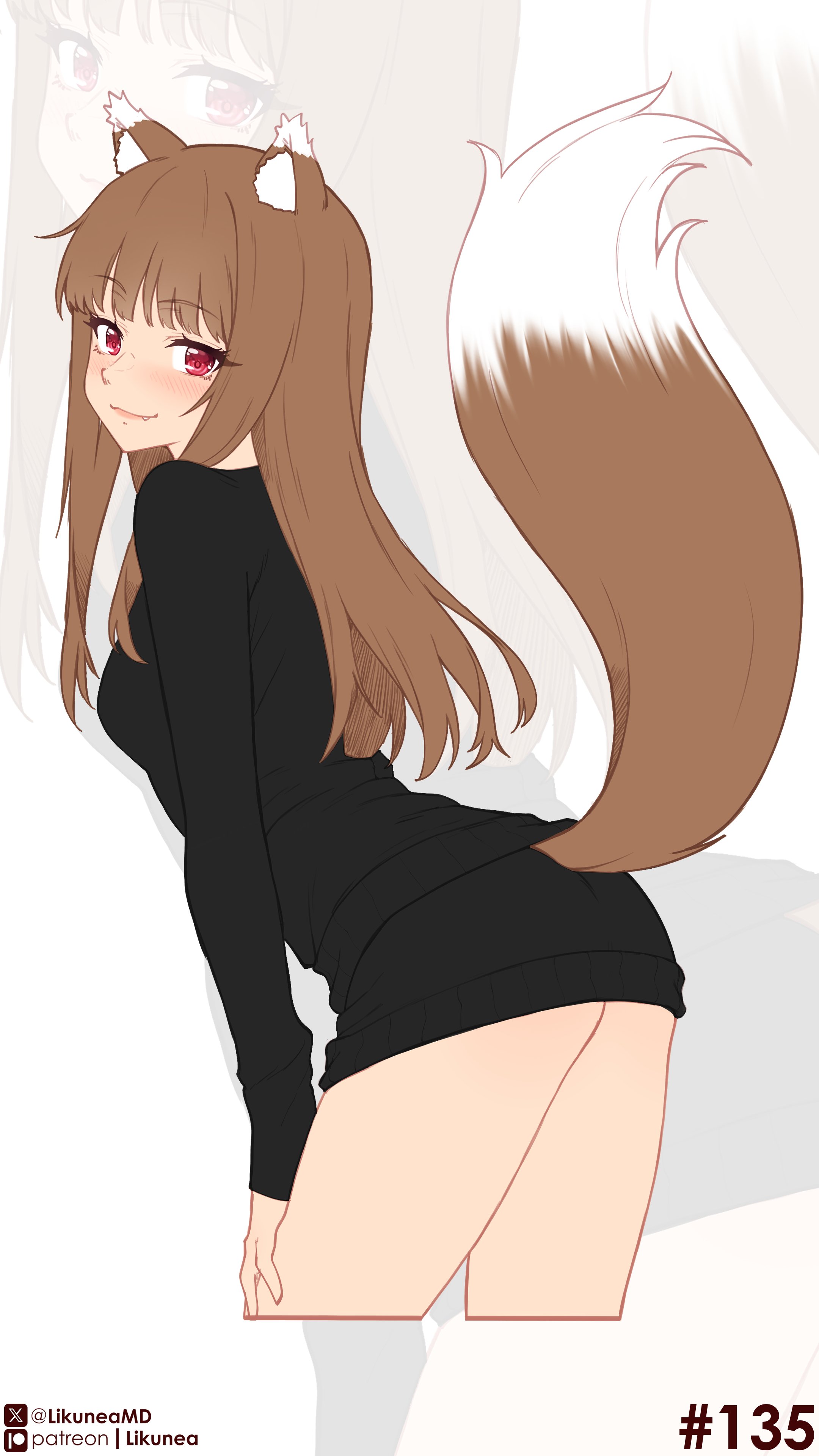 likunea, holo, spice and wolf, absurdres, commentary, english commentary, highres, 1girl, animal ear fluff, animal ears, black shirt, breasts, brown hair, fang, lips, long hair, long sleeves, looking at viewer, medium breasts, patreon logo, patreon username, pink shirt, red eyes, shirt, smile, solo, tail, thighs, twitter username, twitter x logo, wolf ears, wolf girl, wolf tail, zoom layer