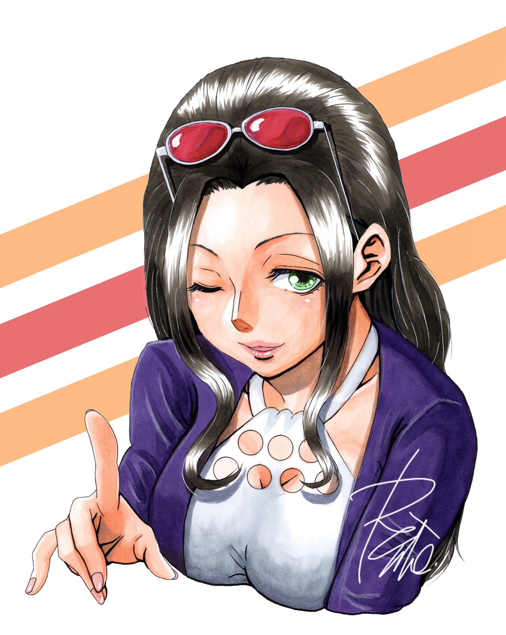 op rentalaw, nico robin, one piece, one piece: stampede, commentary, highres, making-of available, traditional media, 1girl, black hair, cardigan, dress, green eyes, hair slicked back, halterneck, looking at viewer, one eye closed, pink nails, purple cardigan, sidelocks, signature, smile, solo, upper body