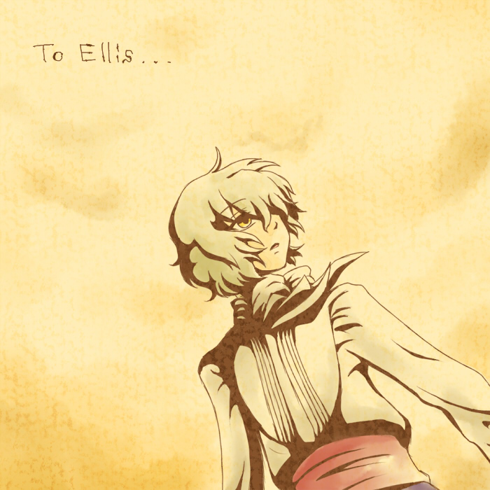 suzutou, l.a., el cazador de la bruja, bad id, bad pixiv id, 00s, 1boy, blonde hair, gradient background, male focus, outdoors, short hair, sky, solo, yellow eyes