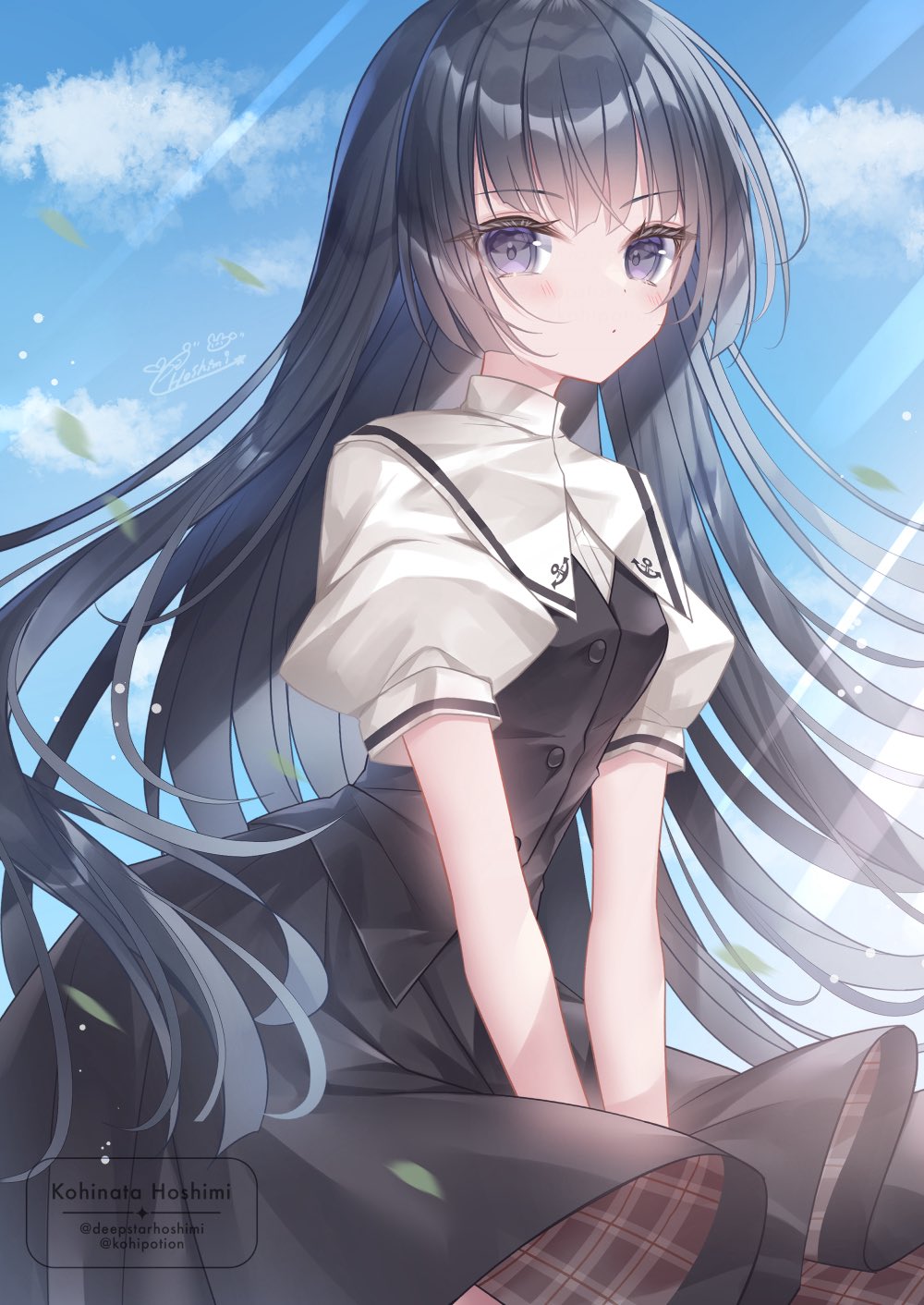 kohinata hoshimi, original, highres, 1girl, black dress, black hair, blue eyes, blue sky, blush, breasts, closed mouth, cloud, dress, hair between eyes, leaf, long hair, looking at viewer, outdoors, puffy sleeves, short sleeves, sky, solo, wind