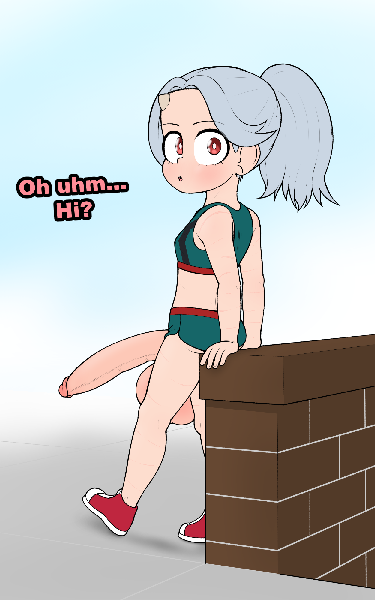 summerlumi, eri (boku no hero academia), boku no hero academia, 1futa, brick wall, crop top, english text, erection, futanari, grey hair, horns, huge penis, huge testicles, looking back, penis, ponytail, red eyes, shorts, testicles