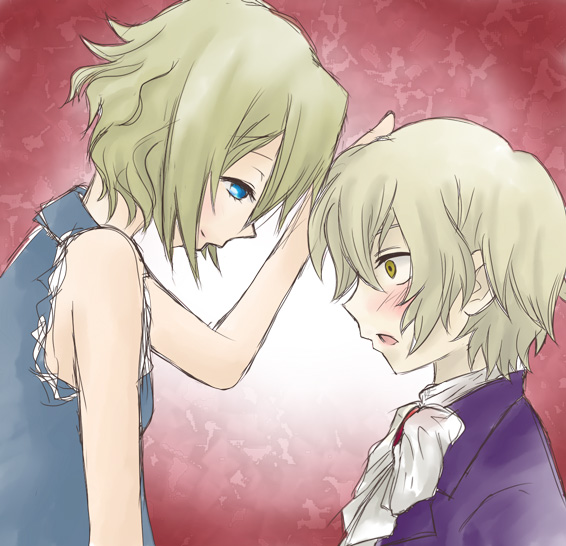 suzutou, ellis, ellis (el cazador de la bruja), l.a., el cazador de la bruja, bad id, bad pixiv id, 00s, 1boy, 1girl, blonde hair, blue eyes, blush, gradient background, headpat, short hair, yellow eyes