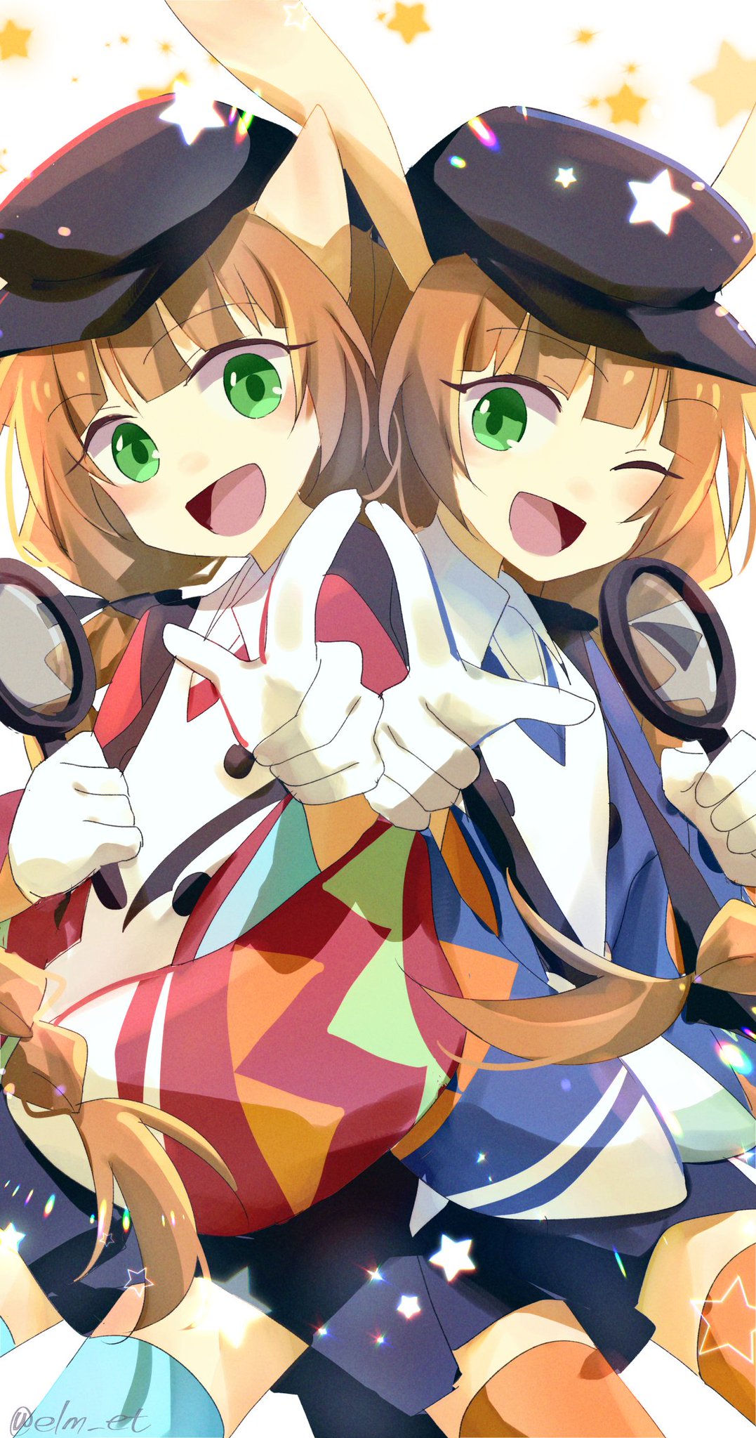 nanashino (7shino gs), mimi (pop'n music), nyami (pop'n music), bemani, pop'n music, commentary request, highres, 2girls, :d, animal ears, black hat, blunt bangs, blush, braid, brown hair, cat ears, cat girl, gloves, green eyes, hat, holding, holding magnifying glass, humanization, long hair, looking at viewer, low twin braids, magnifying glass, multiple girls, official alternate costume, one eye closed, open mouth, pointing, pointing at viewer, pop'n music kaimei riddles, rabbit ears, rabbit girl, smile, star (symbol), twin braids, white gloves