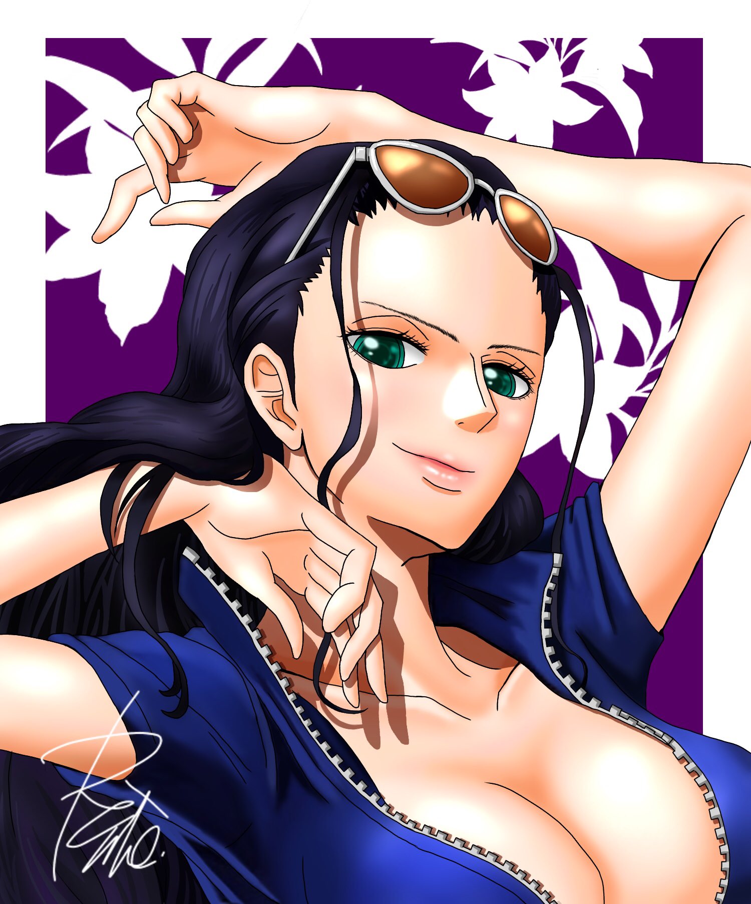 op rentalaw, nico robin, one piece, commentary request, highres, 1girl, aqua eyes, arm up, black hair, blue shirt, breasts, cleavage, closed mouth, eyelashes, flower, hair slicked back, long hair, pink lips, purple background, shadow, shirt, short sleeves, signature, smile, solo