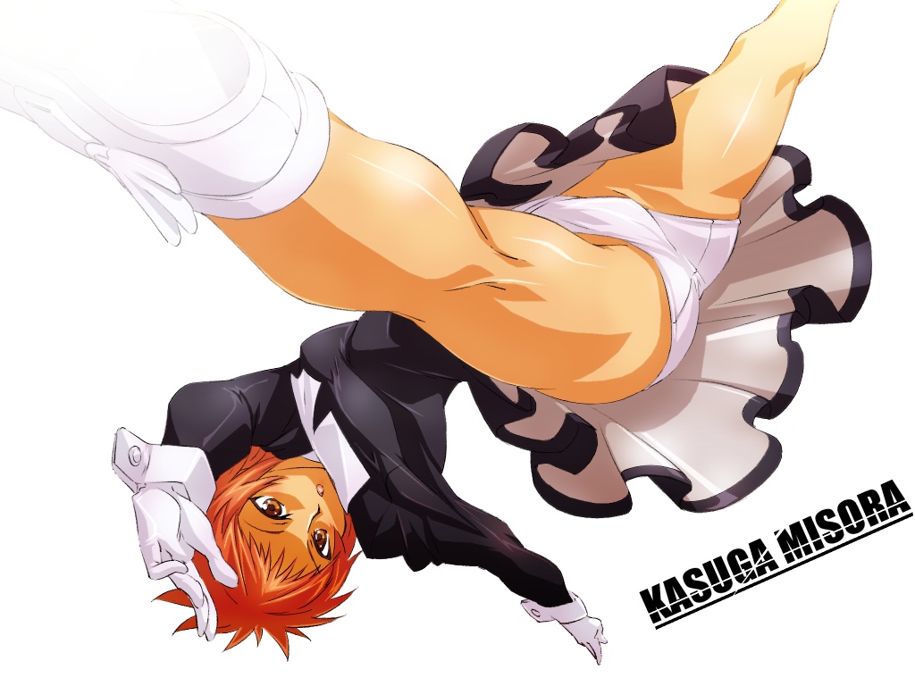 haruka shiya, kasuga misora, mahou sensei negima!, 00s, 1girl, female focus, gloves, nun, open mouth, orange eyes, panties, pantyshot, red hair, short hair, simple background, skirt, solo, underwear, upside-down, white panties