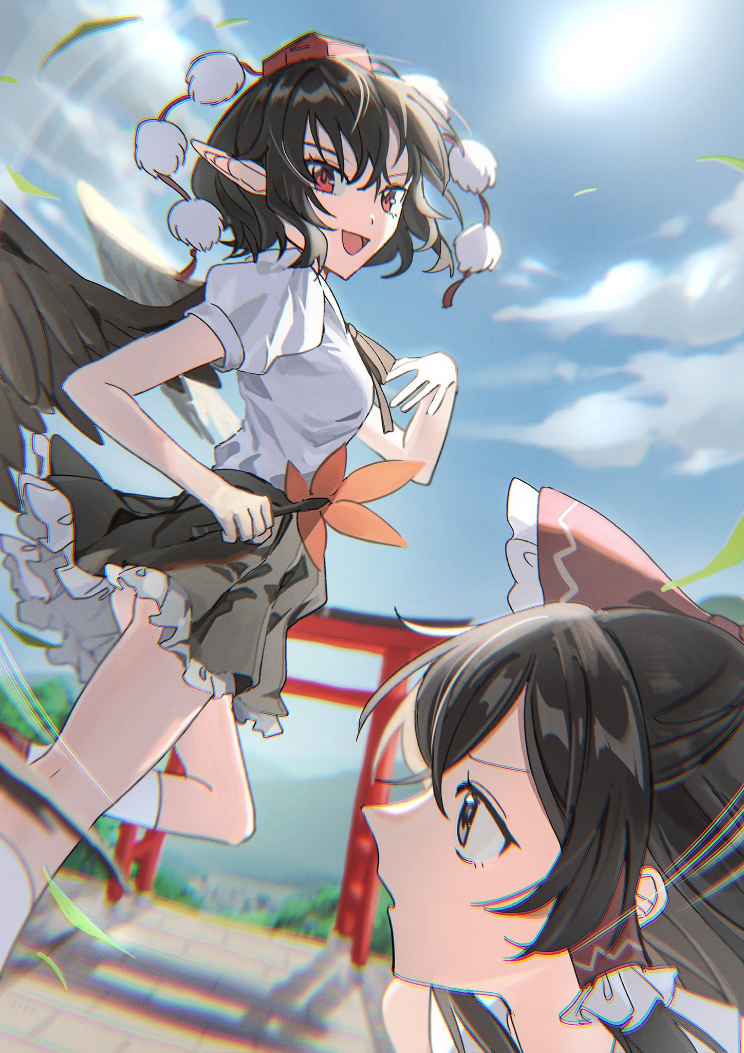 uehara suiyo, hakurei reimu, shameimaru aya, touhou, commentary request, highres, 2girls, bird wings, black hair, black skirt, blue sky, bow, breasts, brown eyes, brown hair, cloud, day, feathered wings, flying, frilled bow, frilled hair tubes, frilled skirt, frills, hair bow, hair tubes, hat, hauchiwa, long hair, multiple girls, open mouth, pointy ears, puffy short sleeves, puffy sleeves, red bow, red eyes, red hat, shadow, shirt, short sleeves, skirt, sky, socks, sun, tokin hat, torii, white shirt, white socks, wings