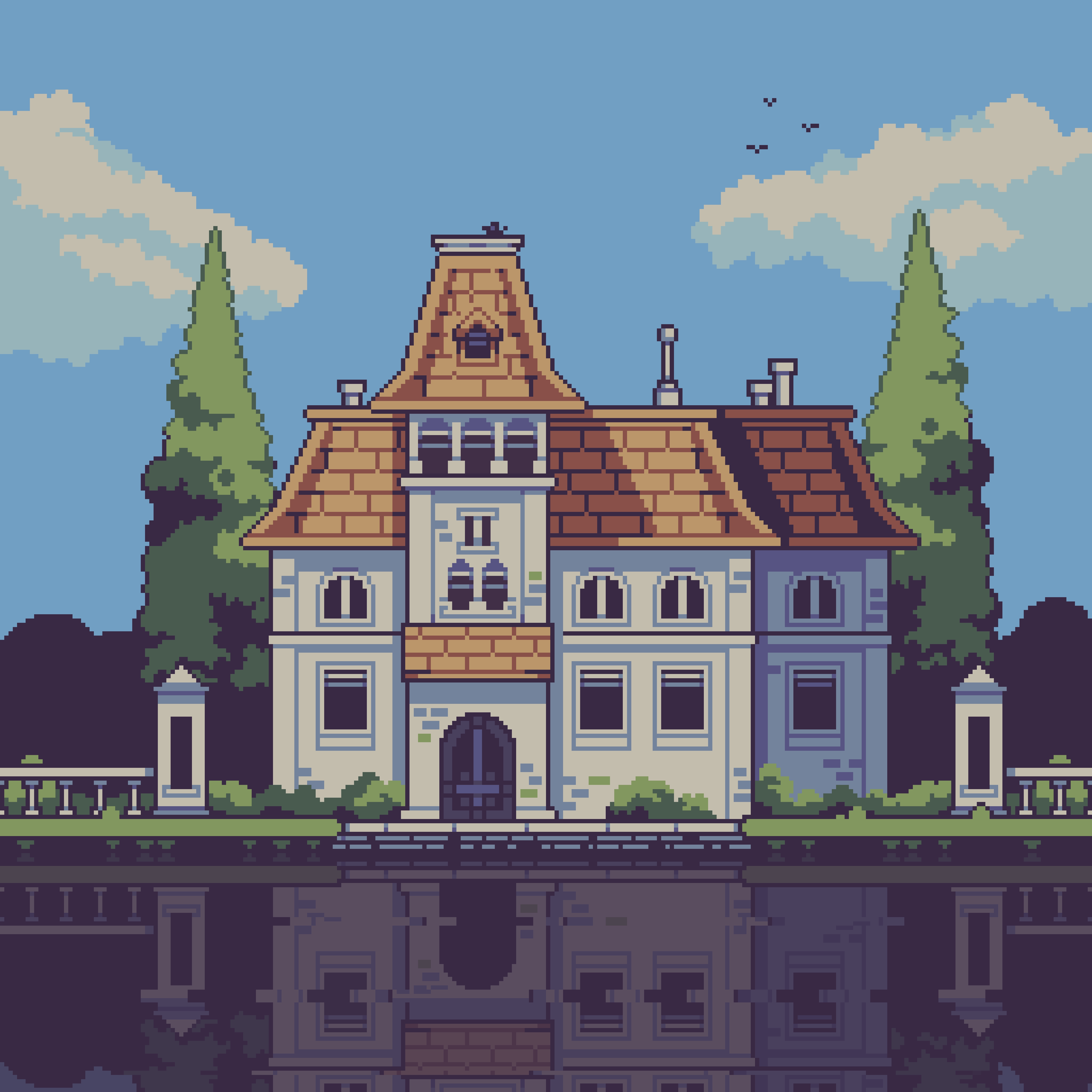 original, absurdres, highres, awning, brick wall, building, bush, cloud, cloudy sky, day, fence, house, lake, mountainous horizon, no humans, outdoors, pixel art, reflection, reflective water, scenery, simple bird, sky, ventiquepxl, wooden fence