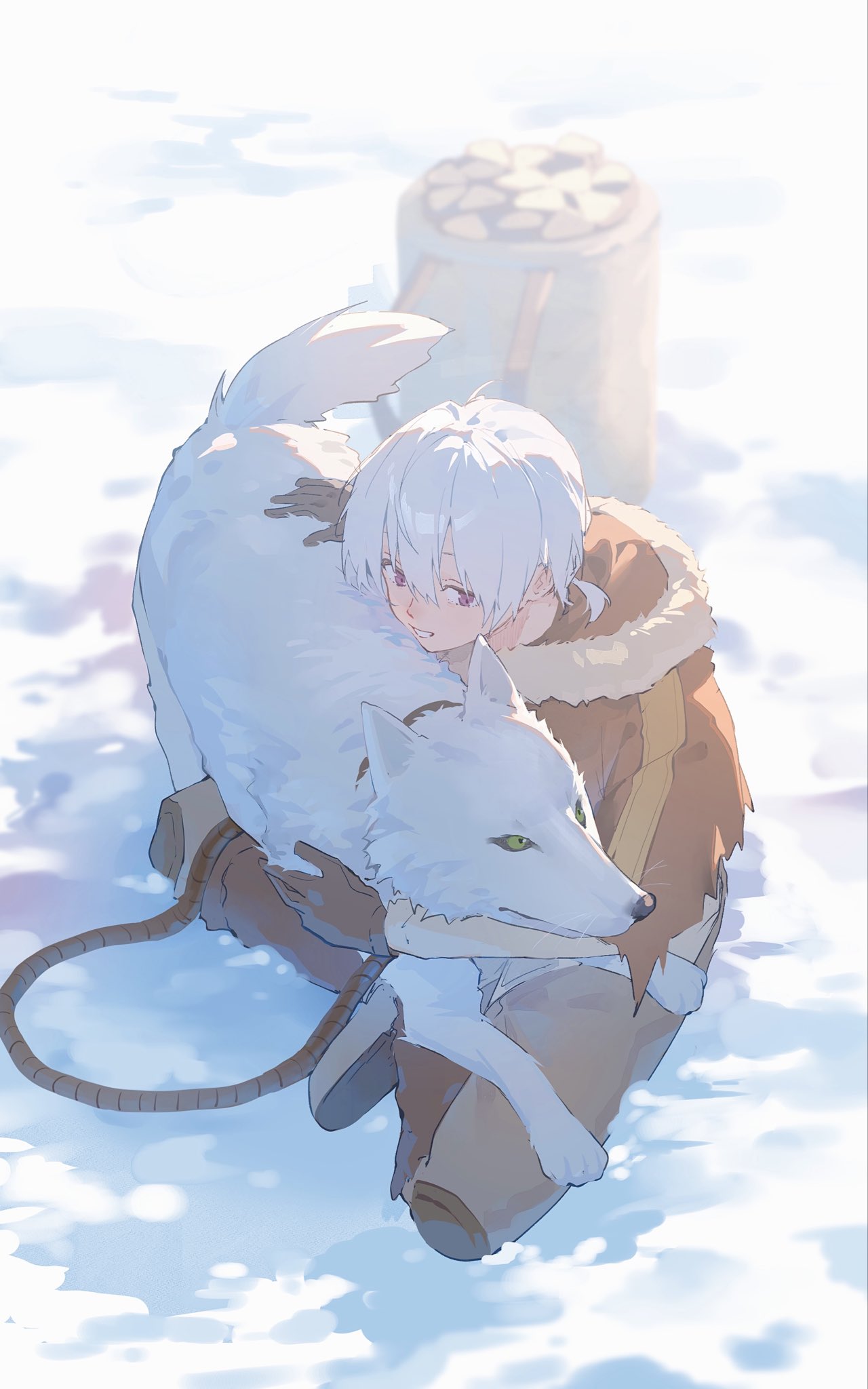 fushi, the nameless boy (fumetsu no anata e), fumetsu no anata e, highres, 1boy, animal, brown cloak, brown coat, cloak, coat, fur-trimmed cloak, fur-trimmed hood, fur trim, gloves, hair between eyes, hood, hooded cloak, iwa111116666, pants, red eyes, rope, short hair, smile, white background, white hair, white wolf, wolf, yellow eyes