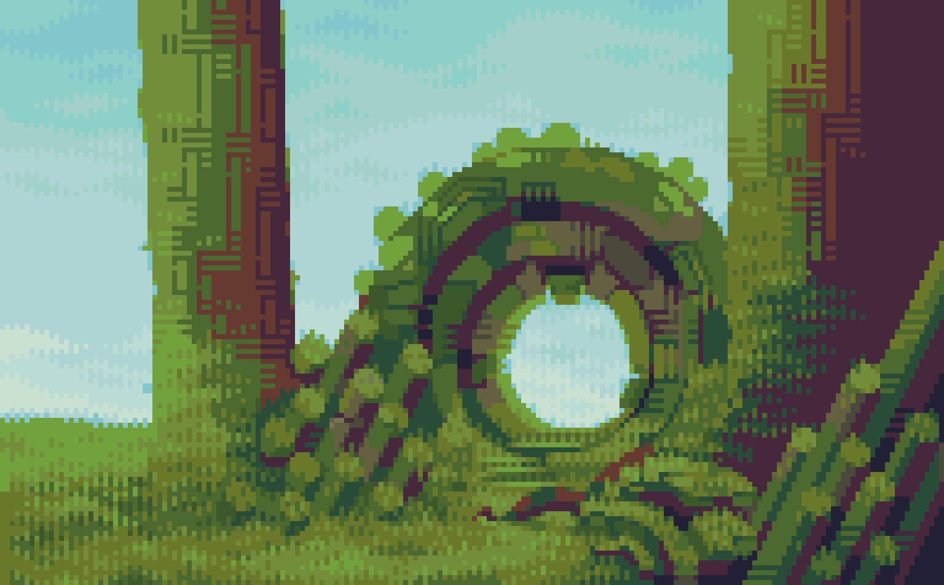 original, highres, day, forest, nature, no humans, outdoors, overgrown, pixel art, portal (object), ruins, scenery, ventiquepxl
