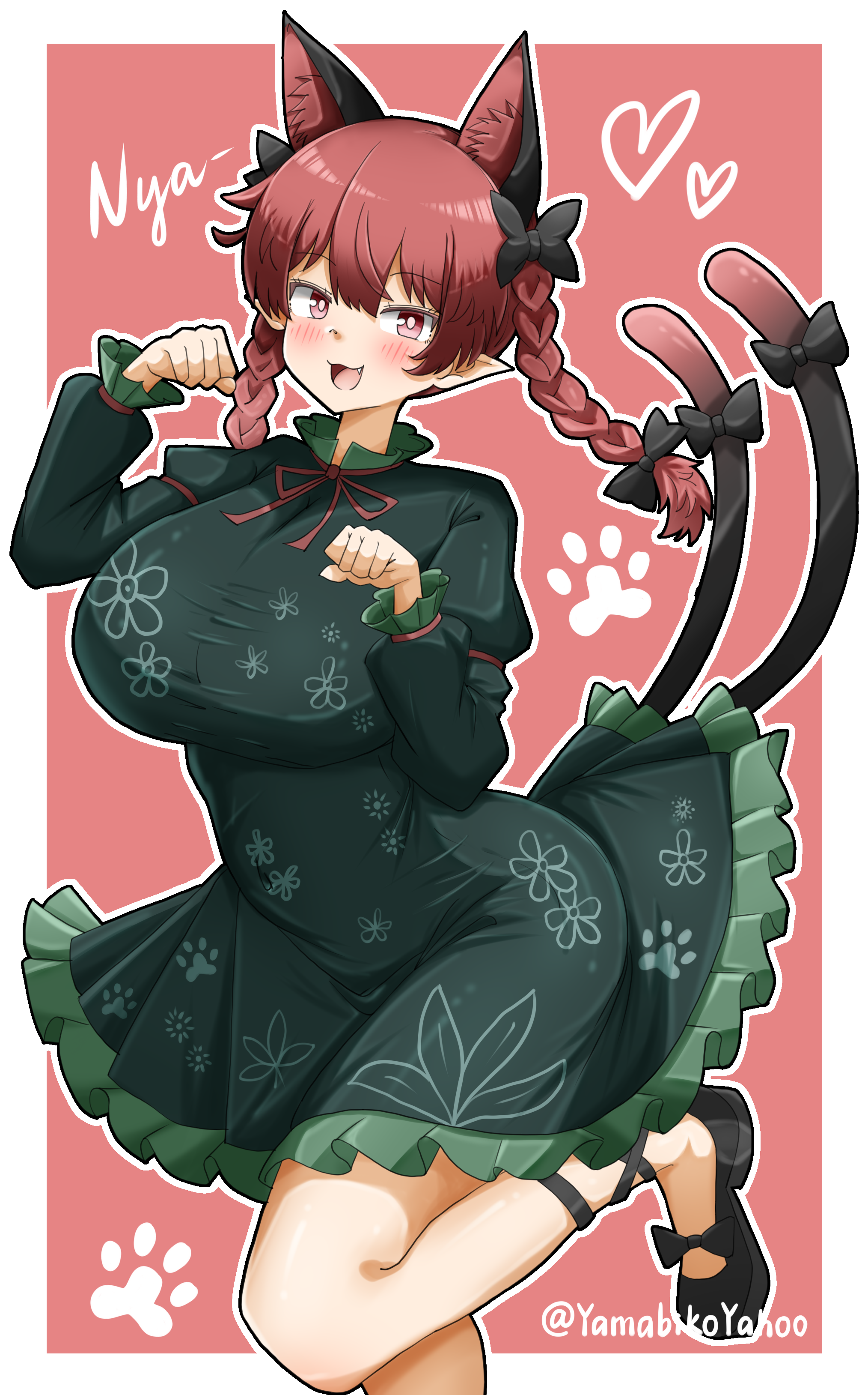 yamabikoyahoo, kaenbyou rin, touhou, absurdres, hashtag-only commentary, highres, 1girl, :3, :d, animal ears, black bow, black ribbon, black shoes, blush, bow, braid, breasts, bright pupils, cat ears, cat girl, cat tail, dress, extra ears, floral print, frilled dress, frills, gradient background, green dress, hair bow, heart, huge breasts, juliet sleeves, leg ribbon, leg up, long sleeves, looking at viewer, multiple tails, open mouth, outline, paw pose, paw print, pink background, pointy ears, puffy sleeves, red eyes, red hair, ribbon, shoes, side braids, smile, solo, tail, tail bow, tail ornament, twin braids, two tails, white outline, white pupils