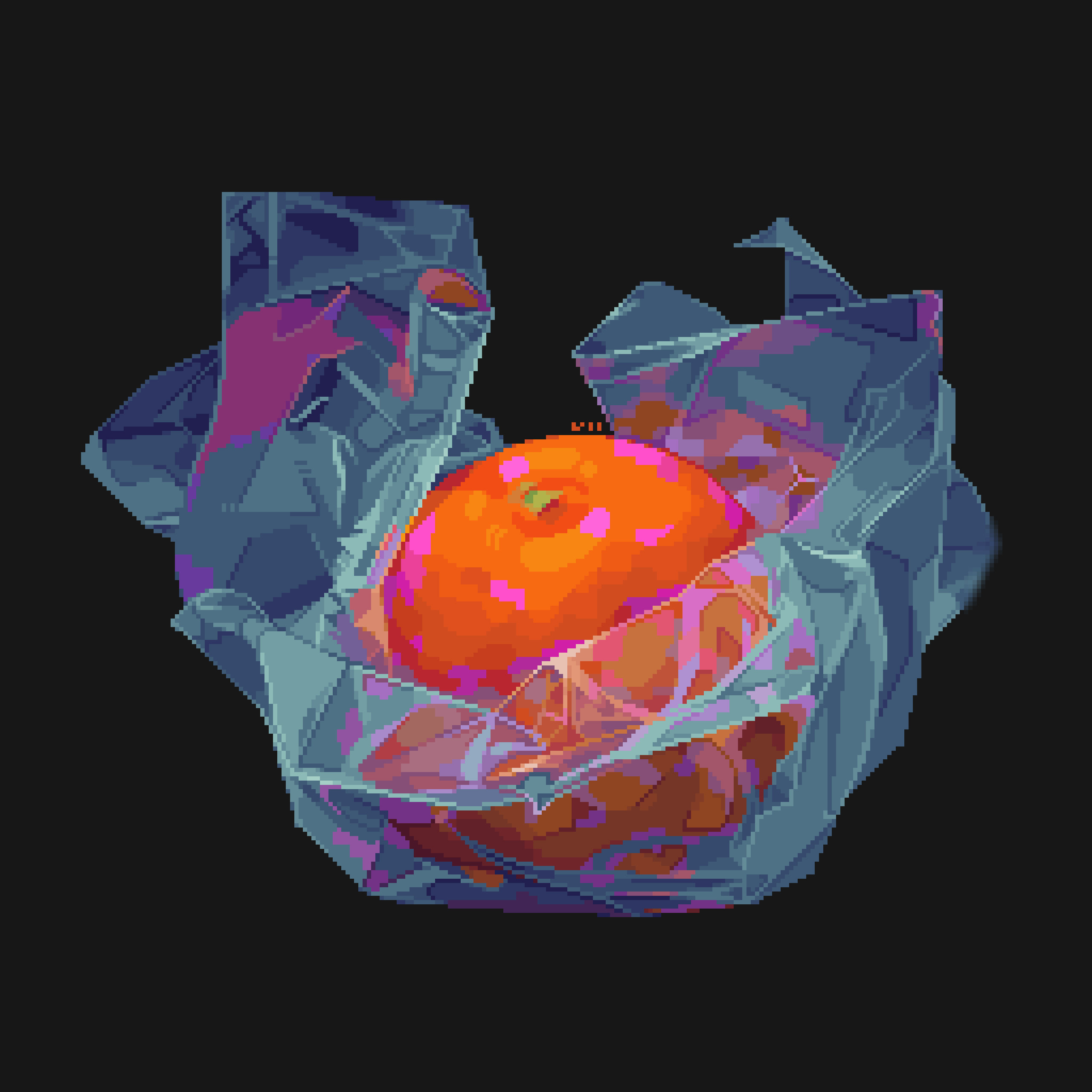 original, absurdres, highres, black background, food, food focus, food wrapper, fruit, no humans, orange (fruit), pixel art, plastic wrap, simple background, still life, unwrapped, ventiquepxl