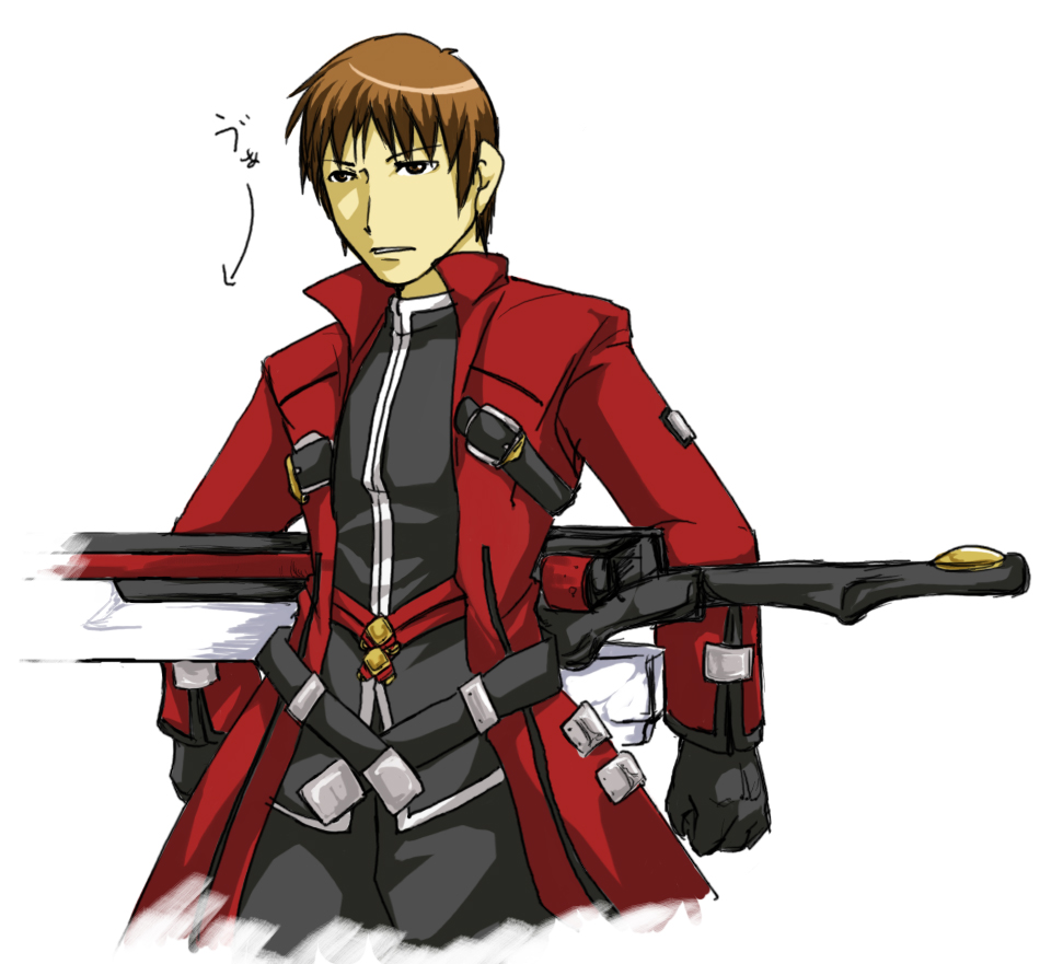 ayaki kaoru, kyon, ragna the bloodedge, sugita tomokazu, arc system works, blazblue, suzumiya haruhi no yuuutsu, 1boy, brown eyes, brown hair, cosplay, crossover, kyon the bloodedge, male focus, ragna the bloodedge (cosplay), solo, sword, voice actor connection, weapon