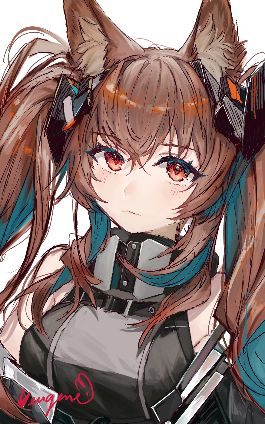 angelina (arknights), gilberta (arknights), arknights, arknights: endfield, highres, 1girl, :<, animal ear fluff, animal ears, bare shoulders, blush, breasts, brown hair, diamond-shaped pupils, diamond (shape), dress, fox ears, fox girl, grey dress, headgear, high collar, long hair, looking at viewer, medium breasts, red eyes, redrivertherabbit, simple background, solo, symbol-shaped pupils, twintails, white background