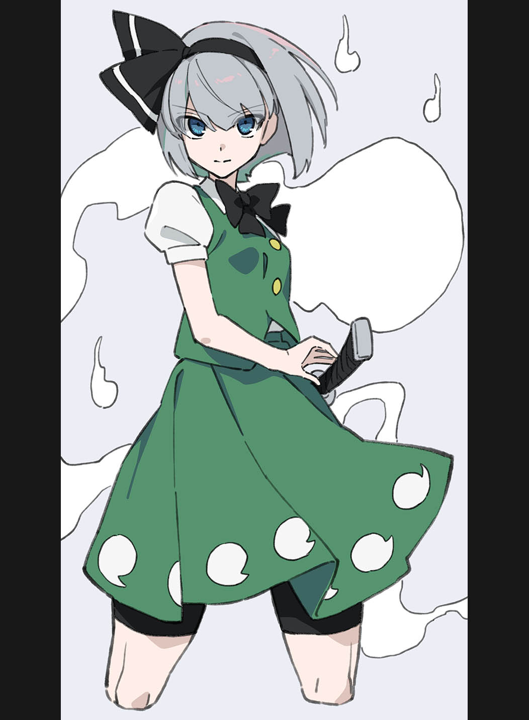 futoumeido, konpaku youmu, konpaku youmu (ghost), touhou, commentary, highres, 1girl, black bow, black bowtie, black hairband, blue eyes, bow, bowtie, closed mouth, cropped legs, ghost, ghost print, green skirt, green vest, grey background, grey hair, hairband, looking at viewer, shirt, short hair, short sleeves, simple background, skirt, solo, sword, vest, weapon, white shirt