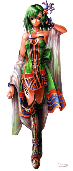 rydia (adult) (ff4), rydia (ff4), final fantasy, final fantasy iv, artist request, 1990s (style), 1girl, aged up, boots, detached sleeves, dress, female focus, full body, green hair, hair ornament, retro artstyle, simple background, solo, tribal