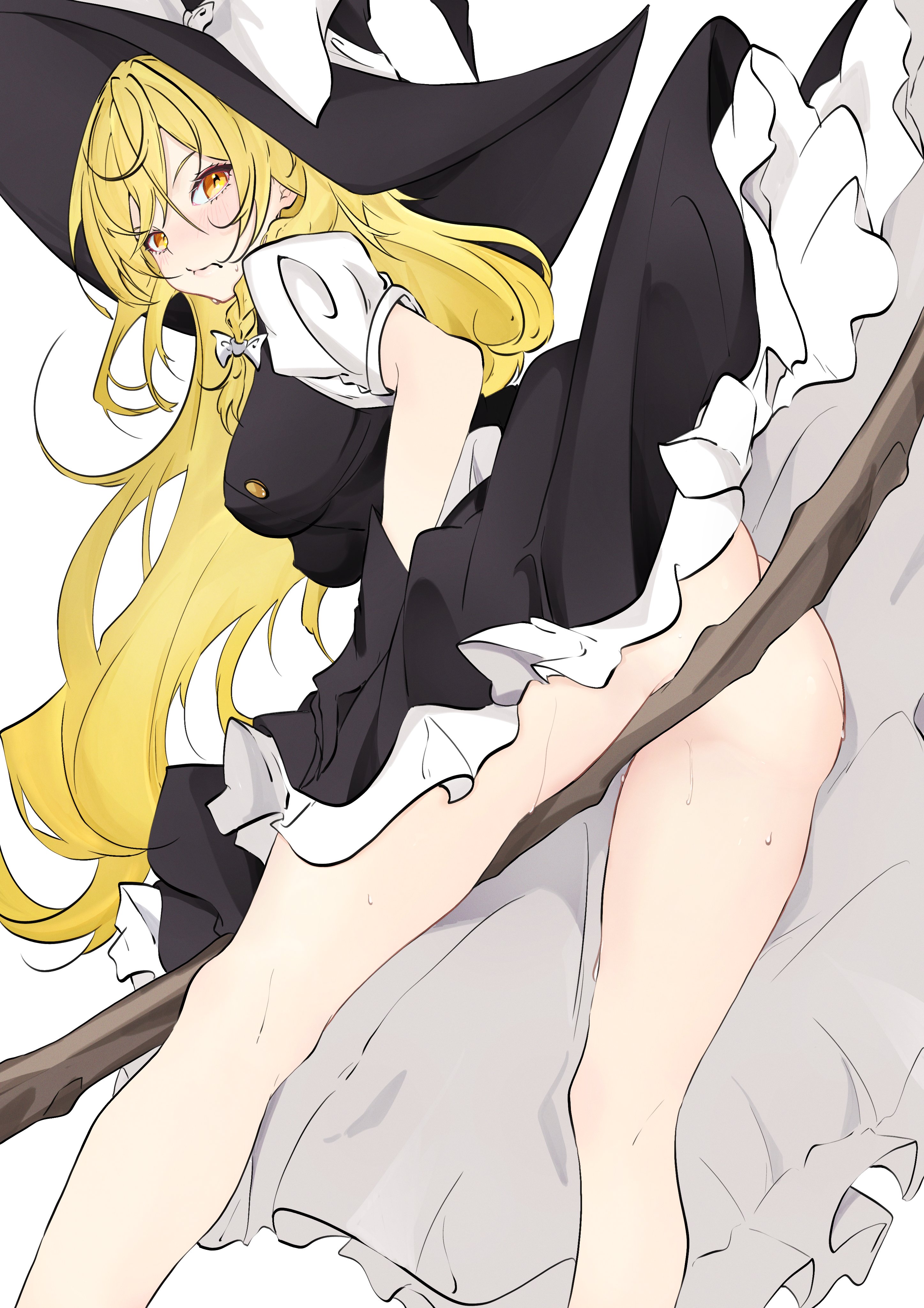 unanooo (fthx7532), kirisame marisa, touhou, absurdres, commentary request, highres, 1girl, black hat, blonde hair, bottomless, bow, braid, breasts, broom, broom riding, feet out of frame, hat, hat bow, large breasts, long hair, looking at viewer, looking back, no panties, orange eyes, short sleeves, side braid, single braid, solo, very long hair, white bow, witch hat