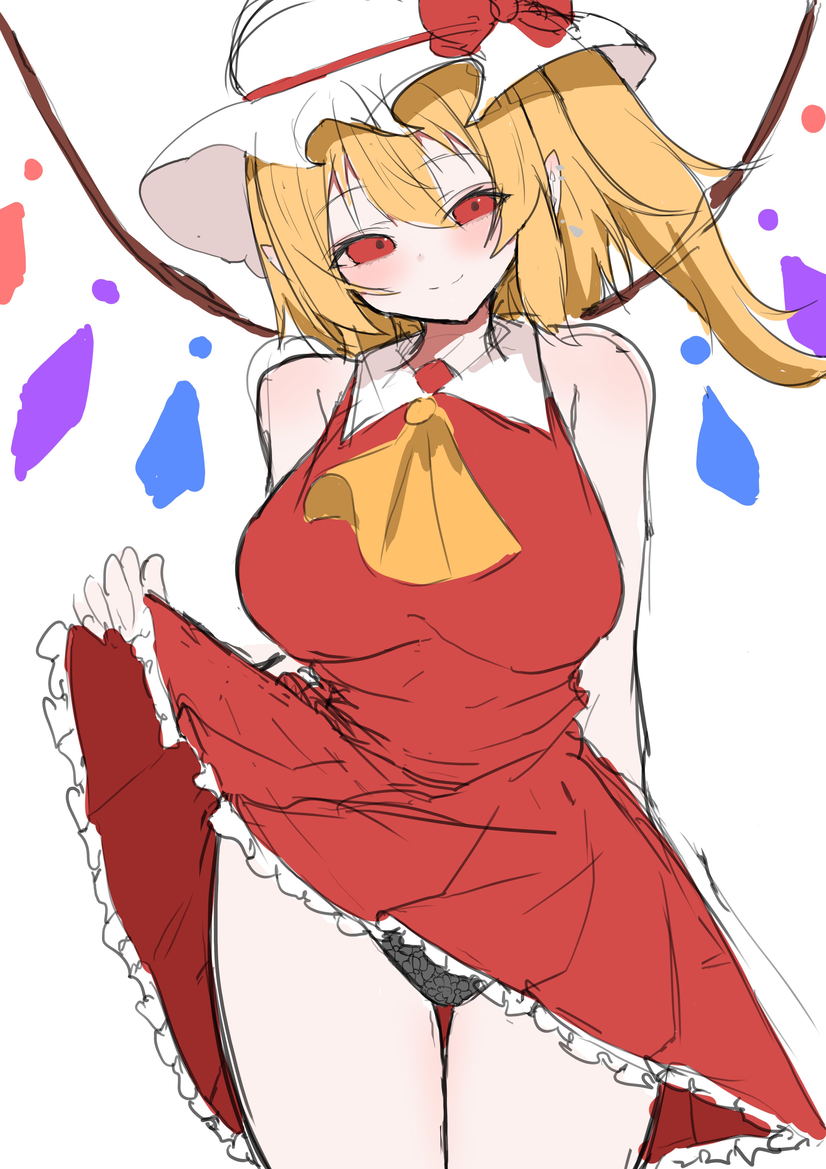 regua, flandre scarlet, touhou, absurdres, commentary, highres, 1girl, aged up, ascot, black panties, blonde hair, bow, breasts, closed mouth, clothes lift, dress, dress lift, hat, hat bow, large breasts, lifting own clothes, looking at viewer, mob cap, multicolored wings, one side up, panties, pointy ears, red bow, red dress, red eyes, simple background, sketch, smile, solo, underwear, white background, white hat, wings, yellow ascot