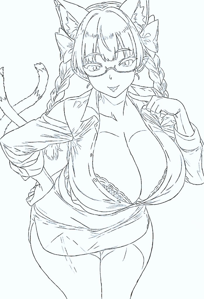 flavoredgumball, kaenbyou rin, touhou, commentary, english commentary, 1girl, alternate costume, animal ears, bra, braid, breasts, cat ears, cat girl, cat tail, cleavage, extra ears, glass, huge breasts, leaning forward, lips, long hair, looking at viewer, monochrome, multiple tails, office lady, partially unbuttoned, poi, pointing, pointing at self, semi-rimless eyewear, shirt, side braids, skirt, solo, tail, thighs, twin braids, two tails, under-rim eyewear, underwear