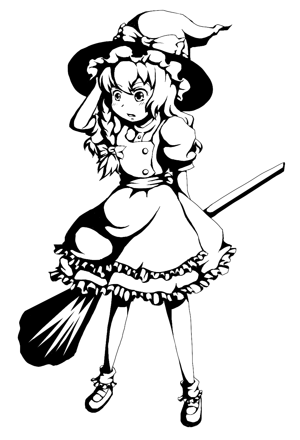 suzutou, kirisame marisa, touhou, bad id, bad pixiv id, highres, 1girl, broom, dress, female focus, full body, greyscale, hat, monochrome, solo, transparent background, witch, witch hat