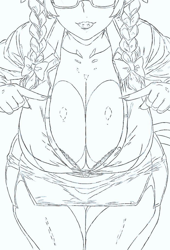 flavoredgumball, kaenbyou rin, touhou, commentary, english commentary, 1girl, alternate costume, bra, braid, breasts, cleavage, facing viewer, head out of frame, lips, long hair, monochrome, office lady, partially unbuttoned, pointing at breasts, presenting, shirt, side braids, skirt, solo, thighs, twin braids, underwear