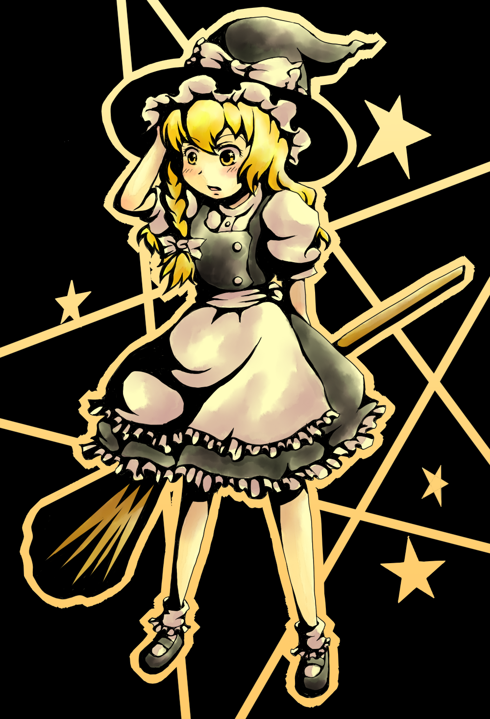 suzutou, kirisame marisa, touhou, bad id, bad pixiv id, highres, 1girl, blonde hair, braid, broom, female focus, frills, hat, solo, star (symbol), witch, witch hat, yellow eyes